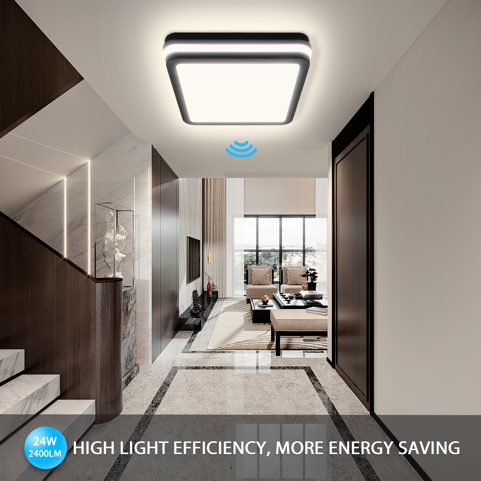 Plafon LED z czujnikiem ruchu 24W 4000K, kwadratowa lampa sufitowa LED 26×26 cm, IP54, do łazienki, przedpokoju i piwnicy, LOVHAUS - 6