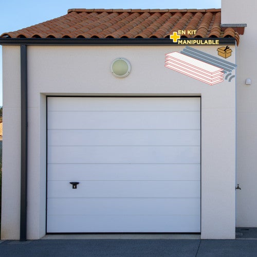 Porte garage sect. TAROS rainures larges L h.200 x 240.l blanc 9016 Woodgrain
