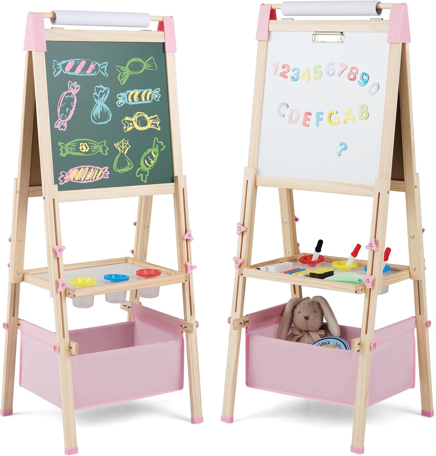 Tableau Enfant Chevalet Bois Enfants Réglable - Tableau Double Face Craie & Blanc + Rouleau Papier - Cadeau Créatif Chevalet 3 En 1 Rouleau Papier