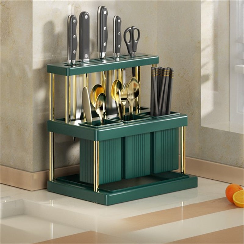 Wielofunkcyjny organizer kuchenny, plastikowy ociekacz na sztućce, uchwyty na noże i przybory kuchenne, zielono-złoty, 23*16*25 cm