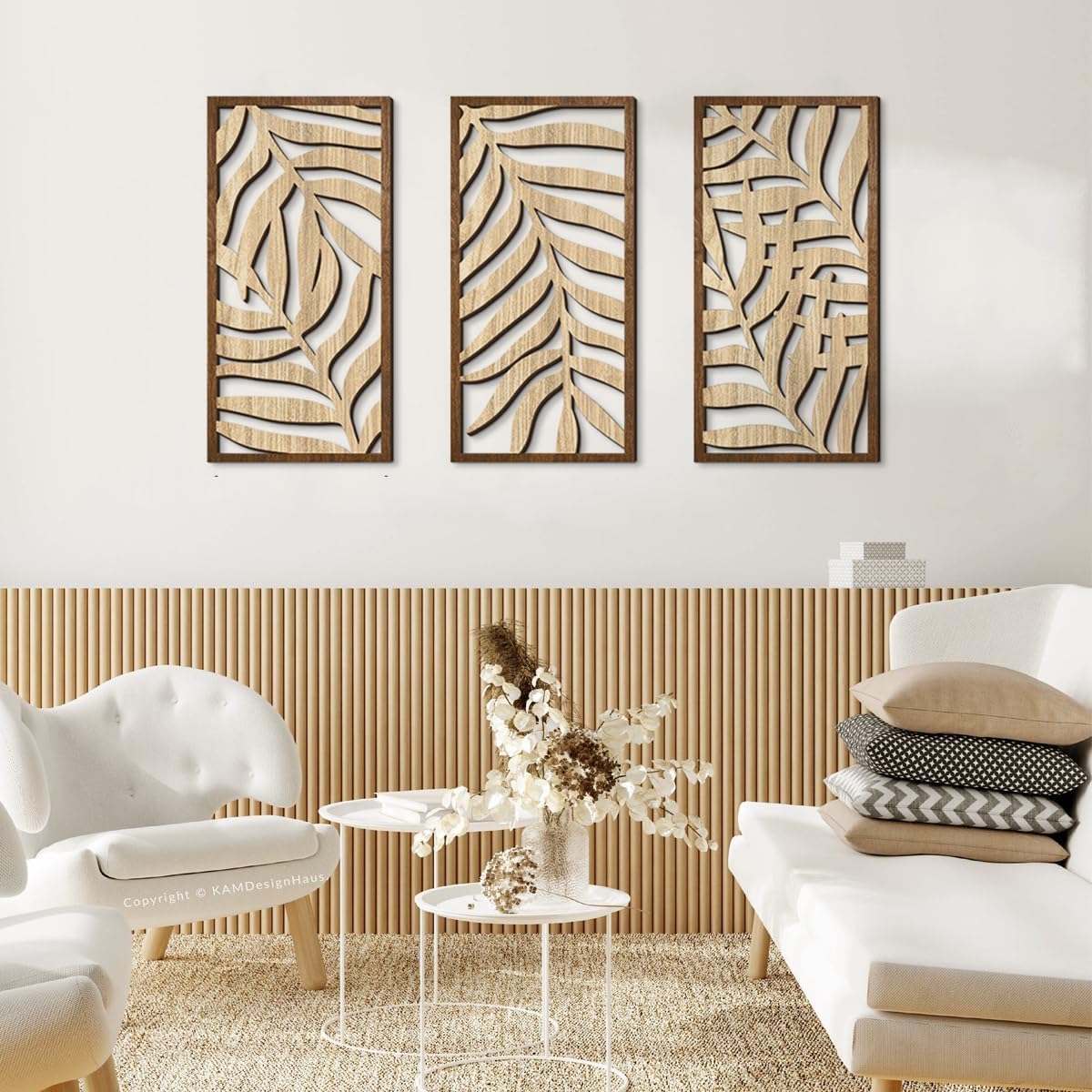 Lot de 3 décorations murales en bois feuilles tropicales, style minimaliste bohème, sculpture 3D découpée, pour salon chambre cuisine - 3