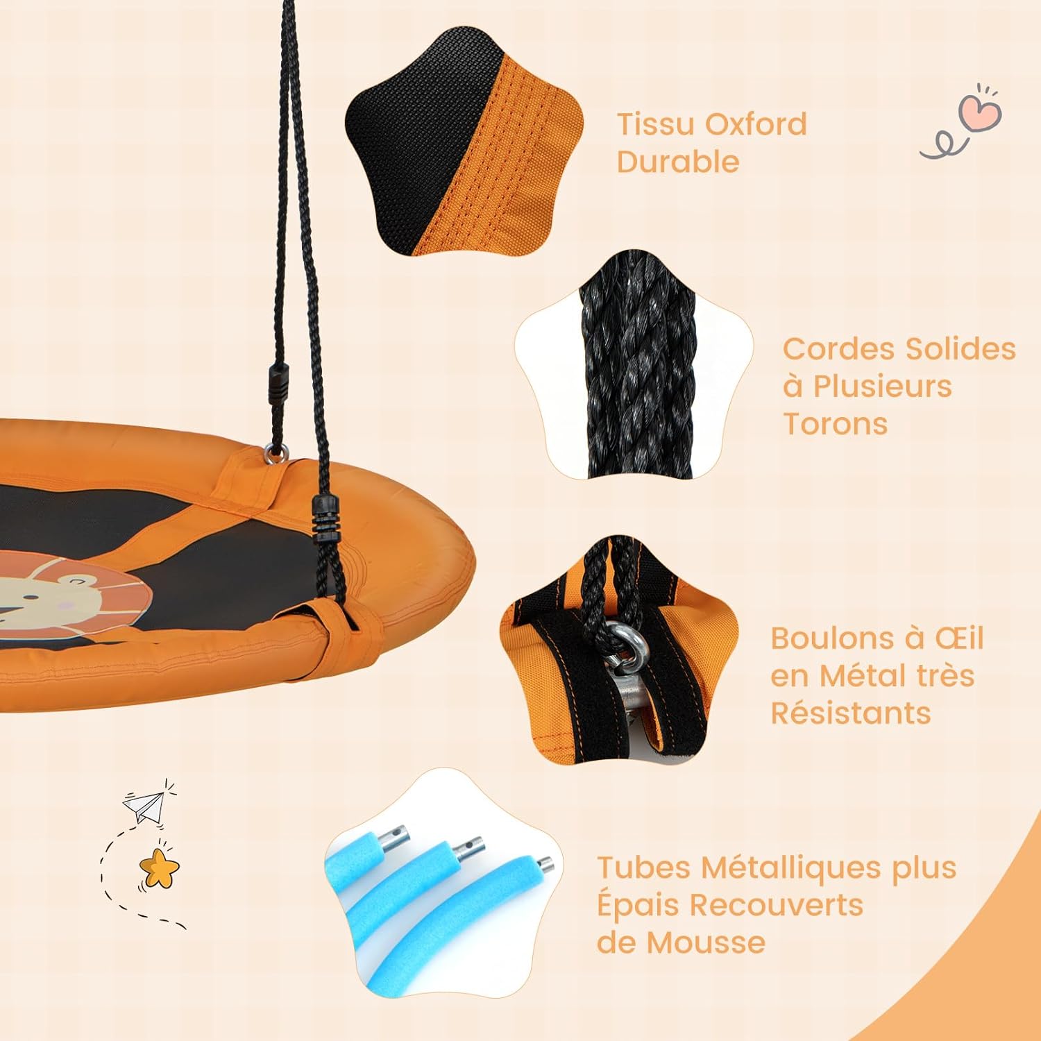 Altalena a Cerchio da 102 cm, Altalena a Nido con Corde Regolabili e Moschettoni, Tessuto Oxford Impermeabile, Altalena Rotonda da Esterno con - 4