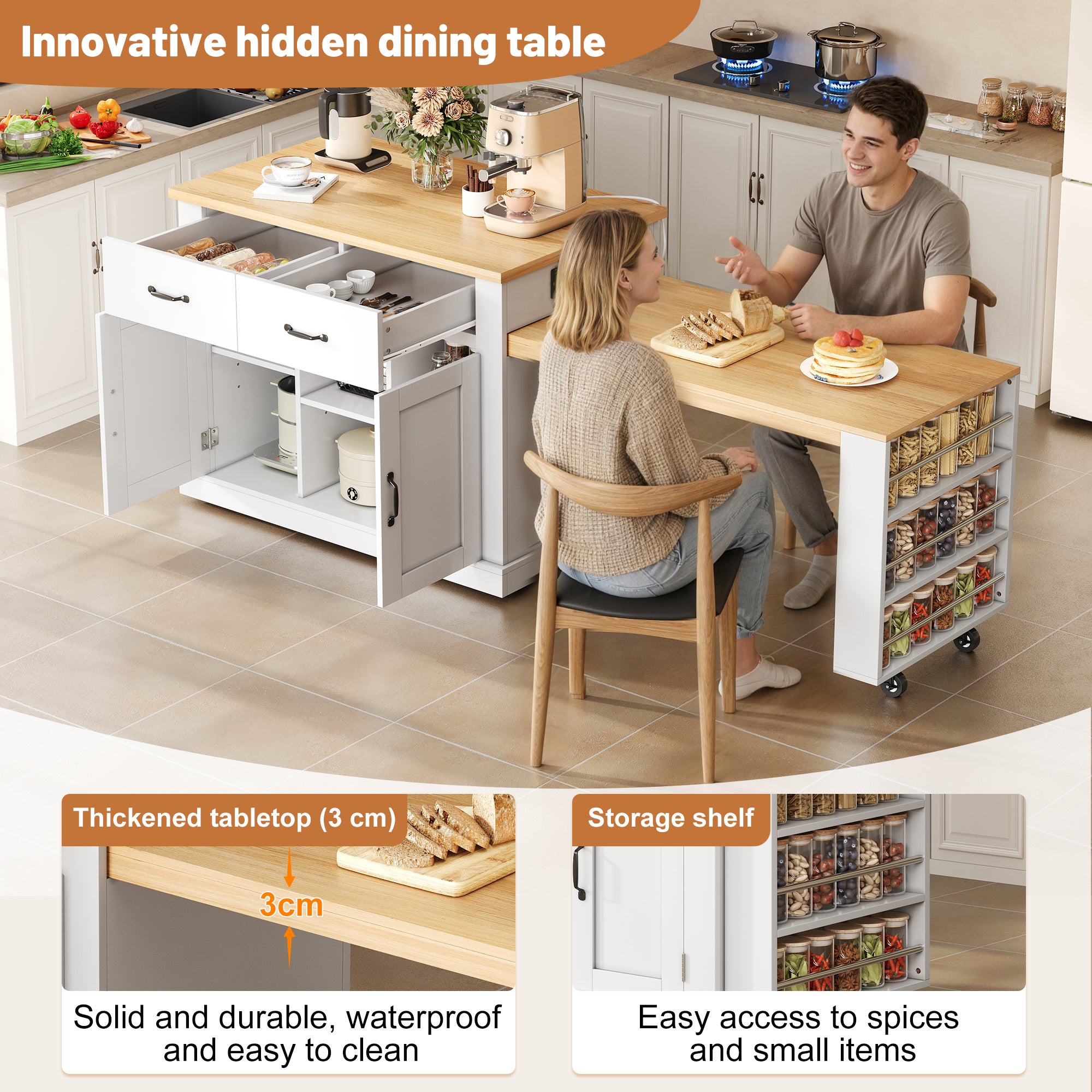 Isola da cucina mobile 142-340 cm, 2 piani estensibili, 2 cassetti, ruote, MDF bianco - 4