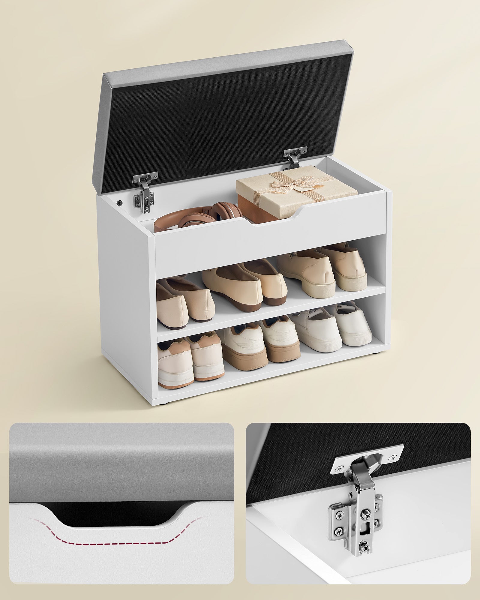 Banc à Chaussures, Meuble à Chaussures avec Siège Rembourré, Banc d’Entrée avec 3 Compartiments et Assise Rembourrée, 30 x 60 x 44 cm, Blanc Nuage - 3