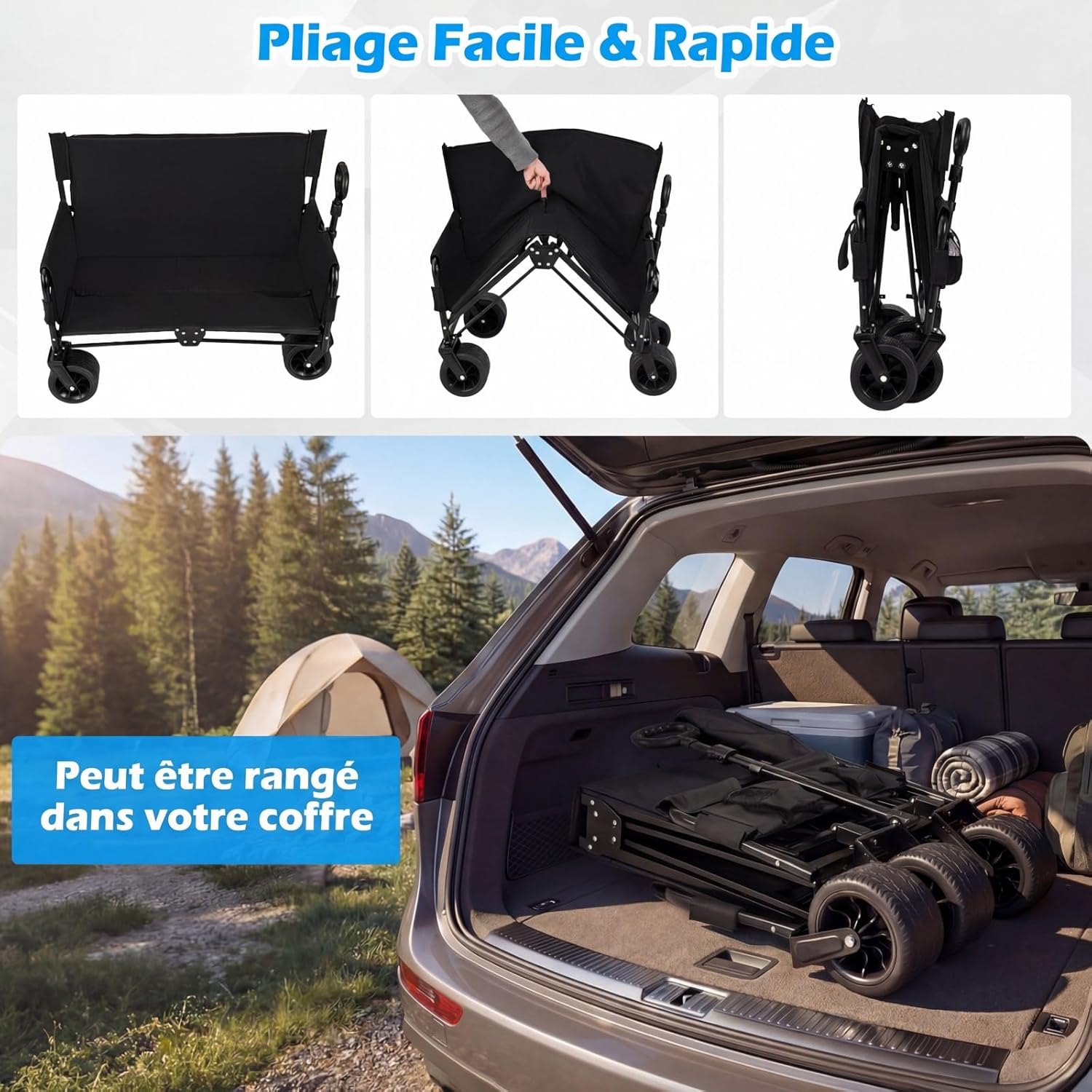 GIANTEX Chariot de Plage Pliable Banc 2-en-1, Chariot de Transport 85 L,Poignée Ajustable Poussée/tirée Coussins Doux et Roues Tout-Terrain,Noir - 9