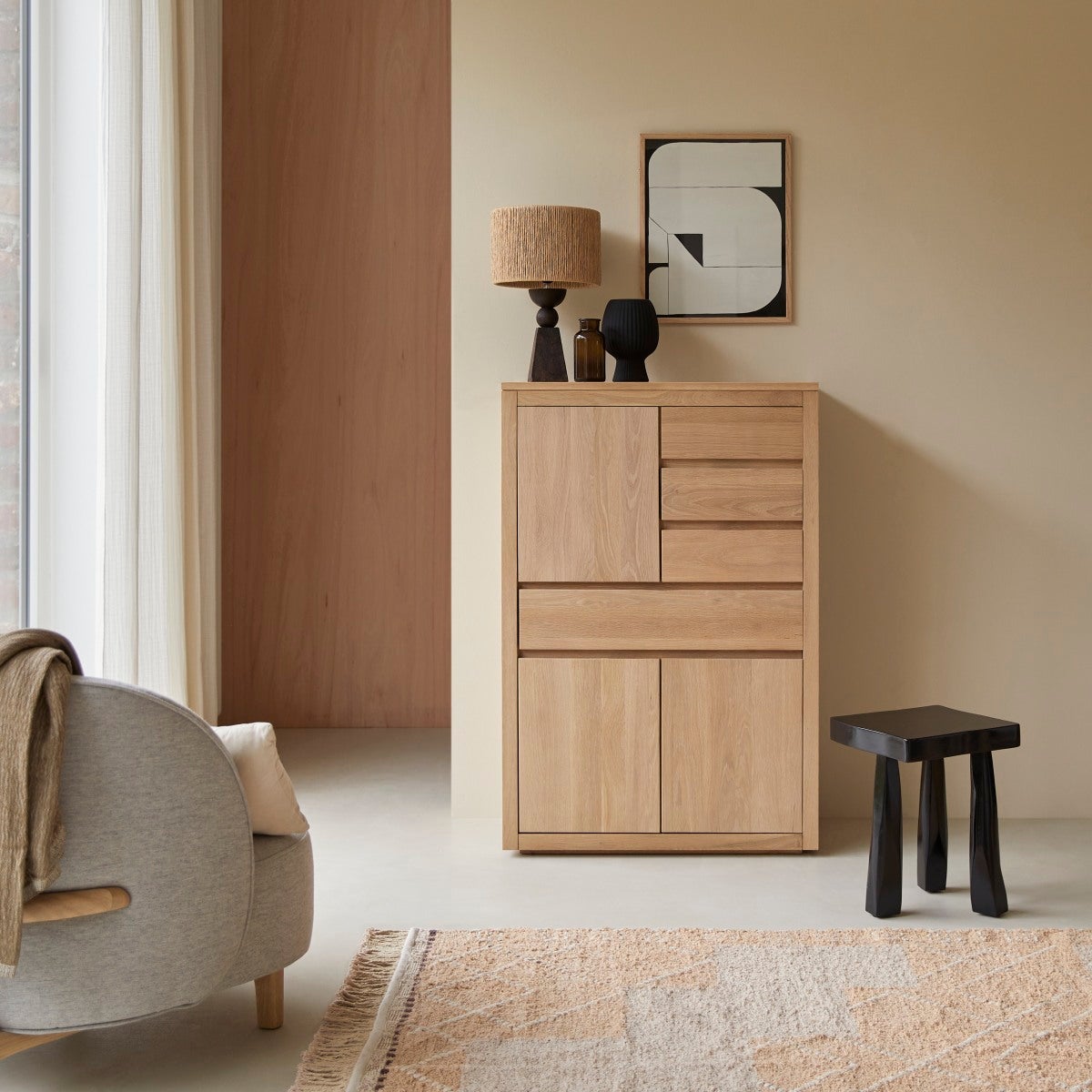 FORTE WHENUA Comò Mid-Century 3 Cassetti, Credenza In Rovere Mauvella E Verde Salvia, 89x87x42 Cm