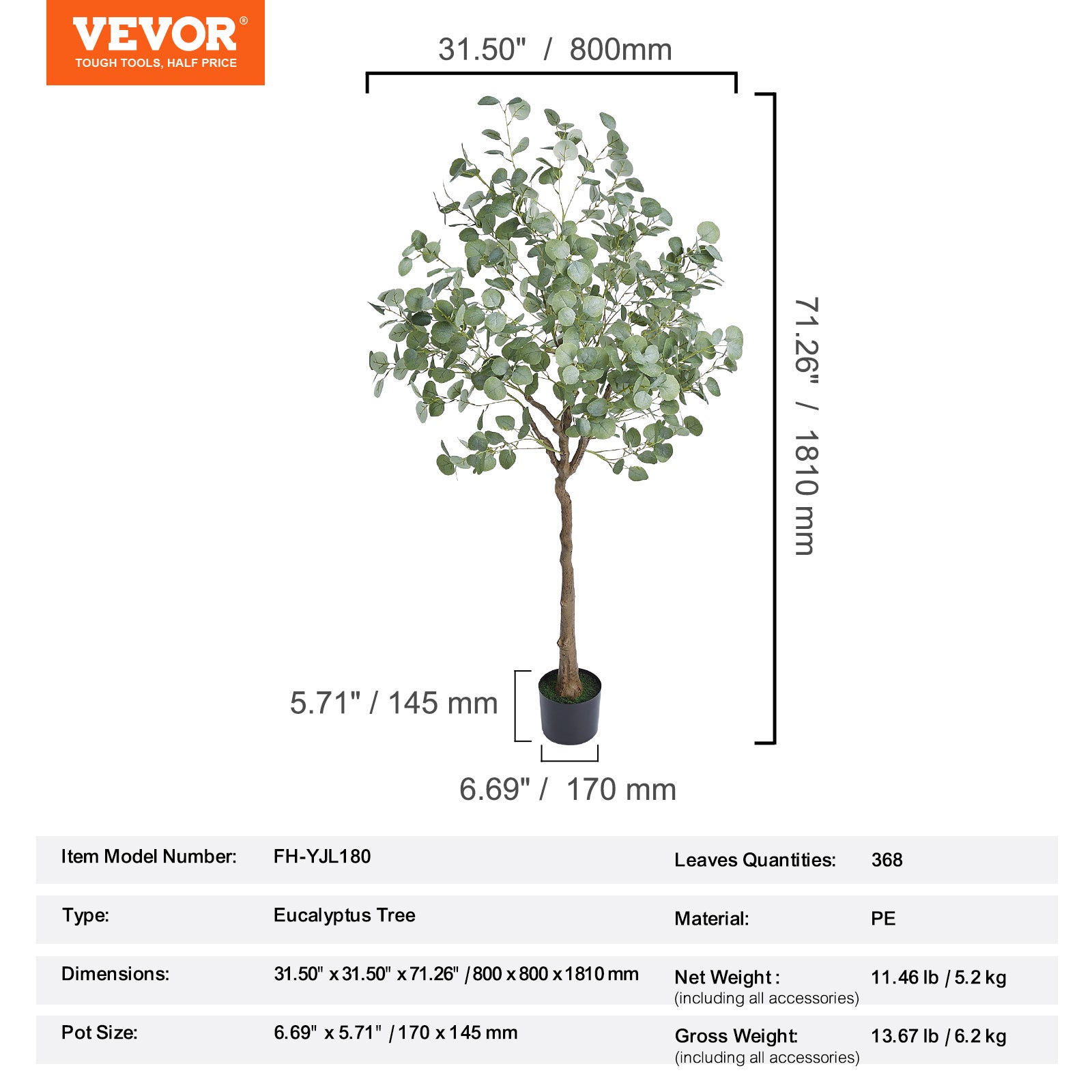 Arbre Artificiel VEVOR 181 cm Plante Artificielle PE Haut Eucalyptus Faux Arbre Vert avec Pot 170x145 mm Decoration de Style Fausse Plante pour Maison - 6