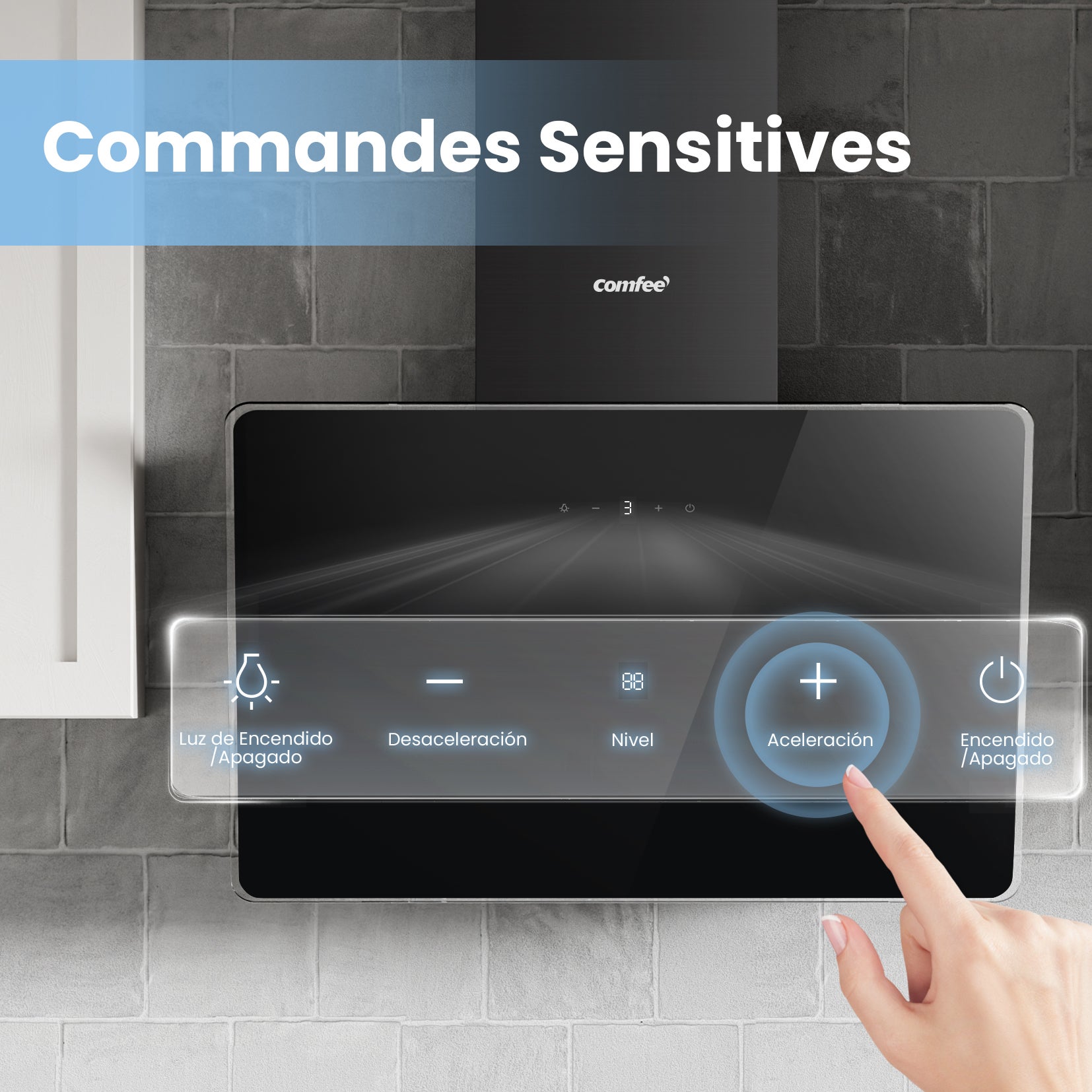 COMFEE Hotte Aspirante Inclinée 60cm - 400m³/h - Commandes Sensitives - 3 vitesses - 2 Filtres à Charbon - Verre Noir - 3