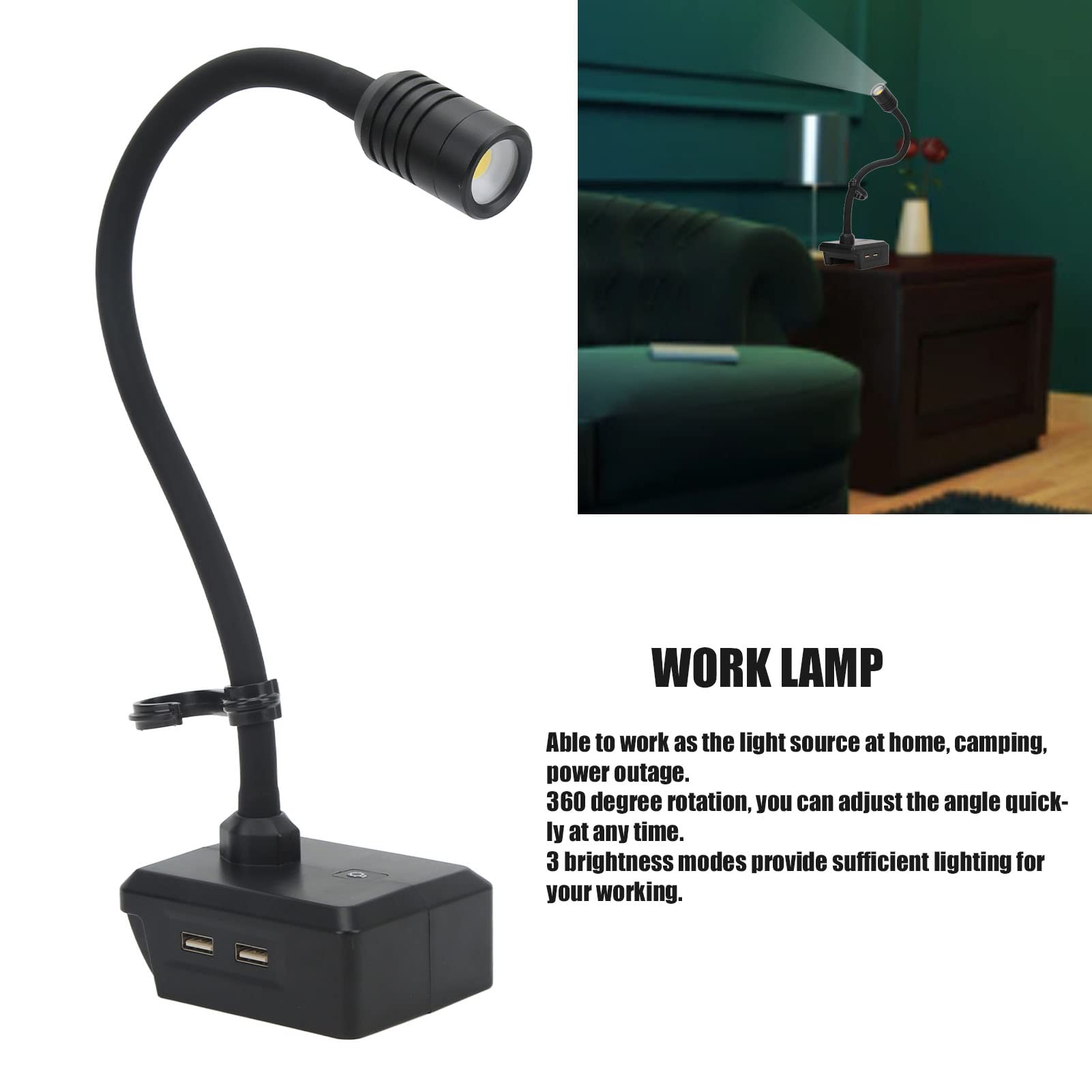 NestNiche LED luz de trabalho lâmpada pescoço de ganso sem fio 3 modos USB duplo com gancho para bateria de 14,4 V 20 V com gancho, luz mecâni - 5