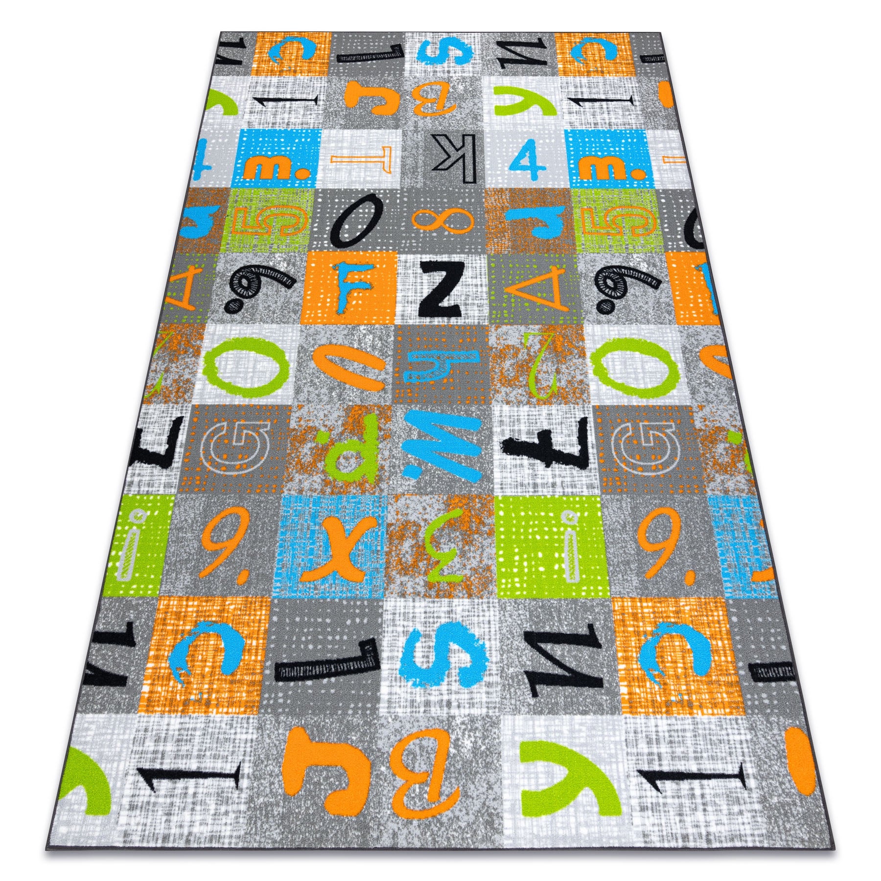 Dywan dla dzieci JUMPY Patchwork, Litery, Cyfry szary / pomarańczowy / niebieski 100x300 cm