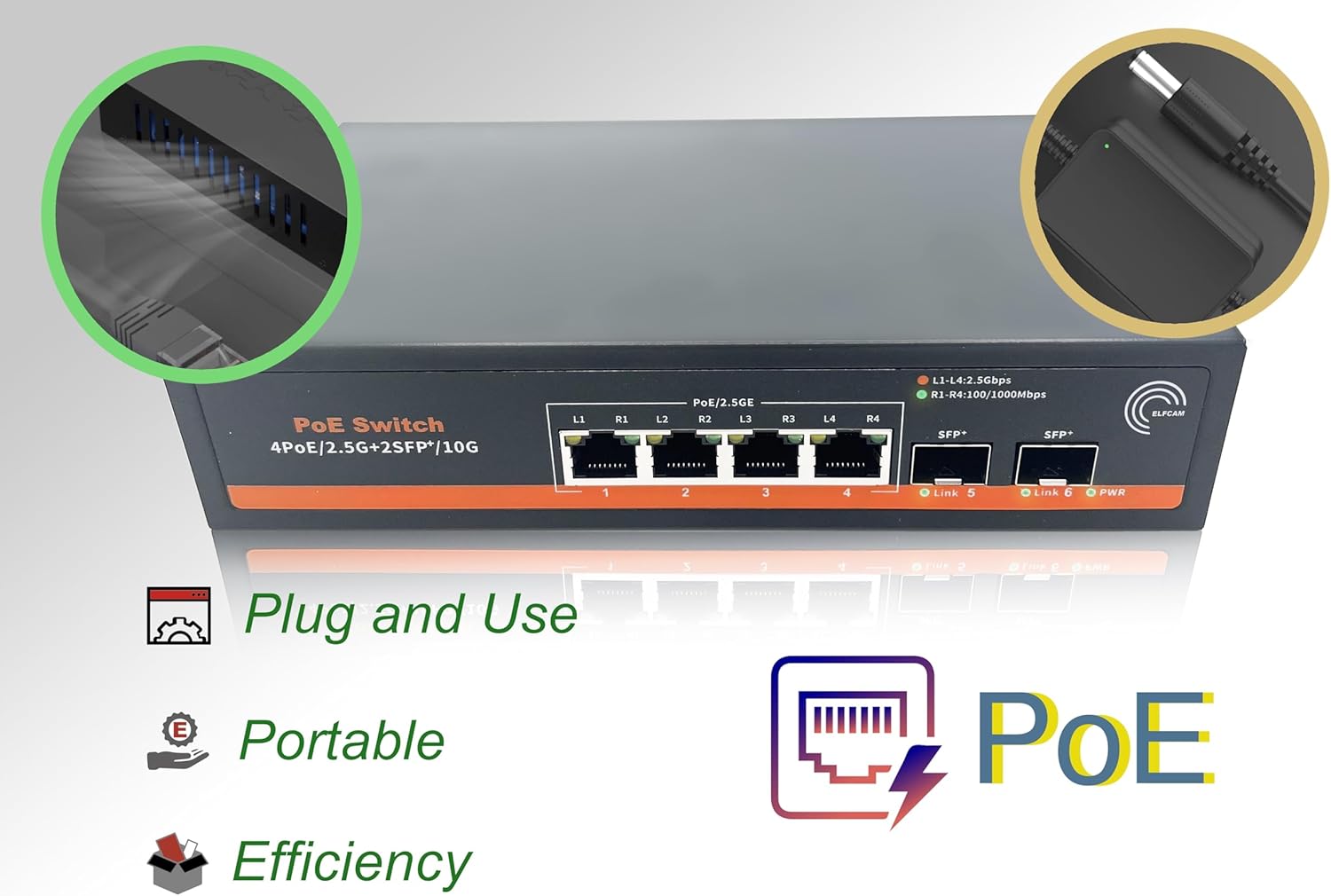 Elfcam – Switch PoE 10Gb/s Compatible Cisco, 2 Ports SFP+ 10G et 4 Ports RJ45 PoE 2,5G, Non Administrable Plug & Play - 7