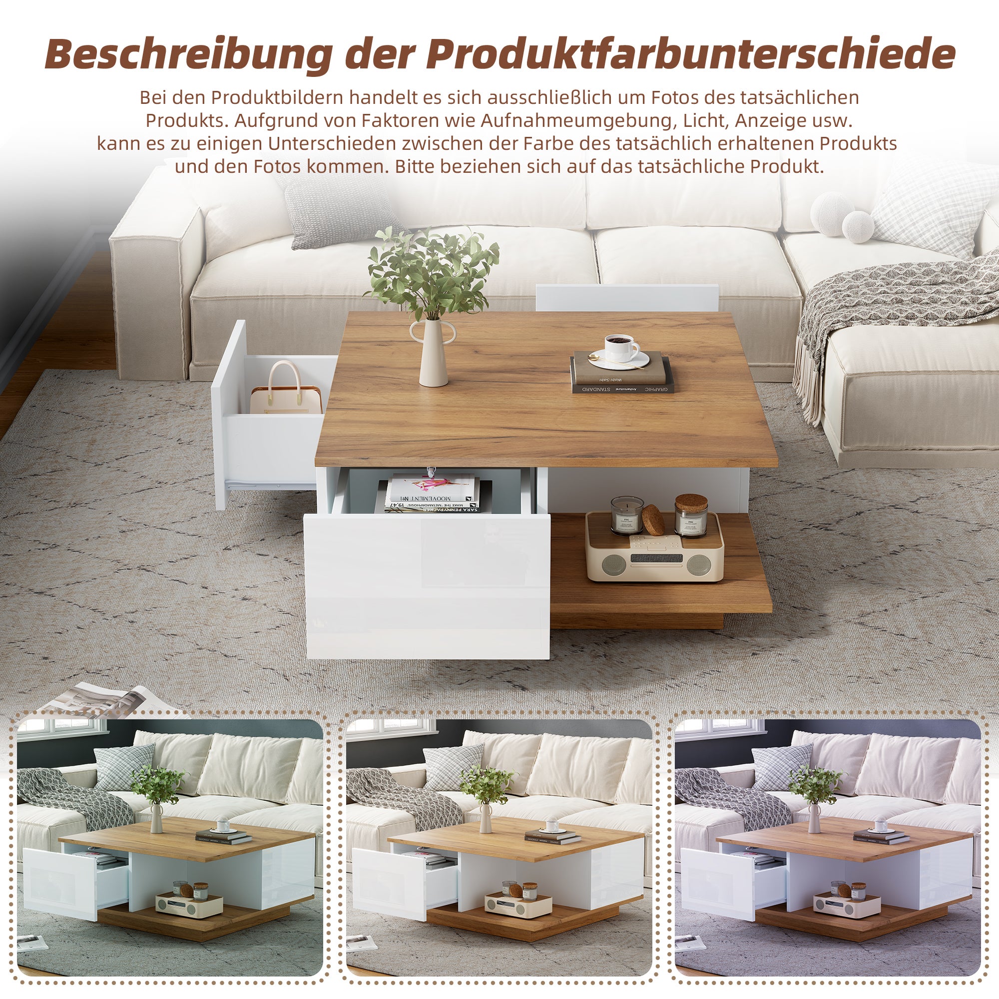 Stolik kawowy kwadratowy z 3 szufladami, stolik pomocniczy - 70 x 70 x 31,5 cm - diody LED - płyta wiórowa - kolor biały i orzechowy - 9