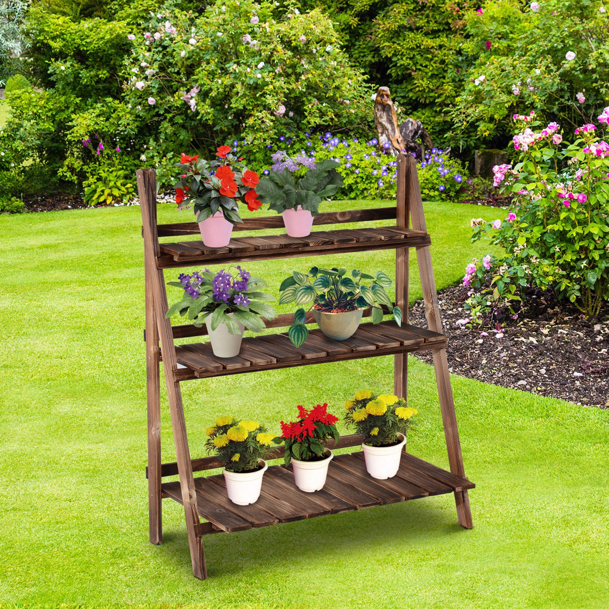 Support pliable en bois pour pots de fleurs, étagère de rangement à 3 niveaux pour jardinières, support pour herbes aromatiques (80L x 37l x 93H cm) - 4