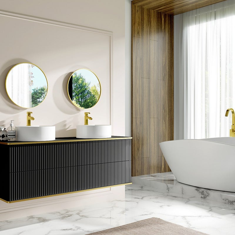 Szafka łazienkowa wisząca ryflowana ze złotą listwą i dwoma okrągłymi umywalkami nablatowymi - Czarny - 150 cm - KELIZA