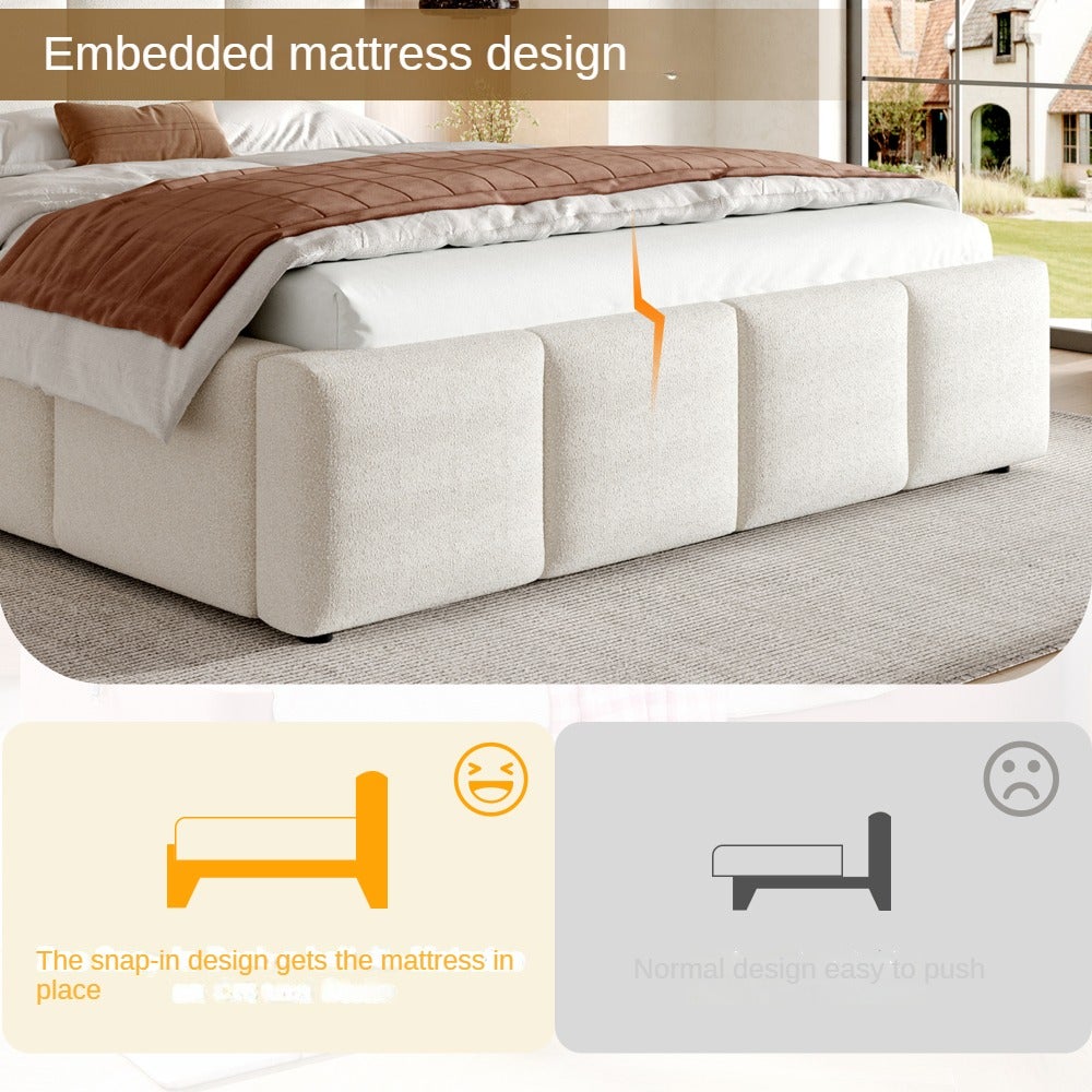 Lit double 180x200 cm rembourré beige bouclé avec tête de lit 11 cm, sommier à lattes inclus, design minimaliste et stable charge 300 kg - 6