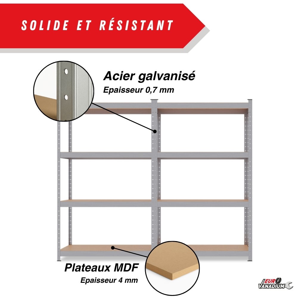 Double Étagère charges lourde 160 x 80 cm - 640 kg - 8 plateaux - Acier galvanisé - 30 cm - Gris - 5