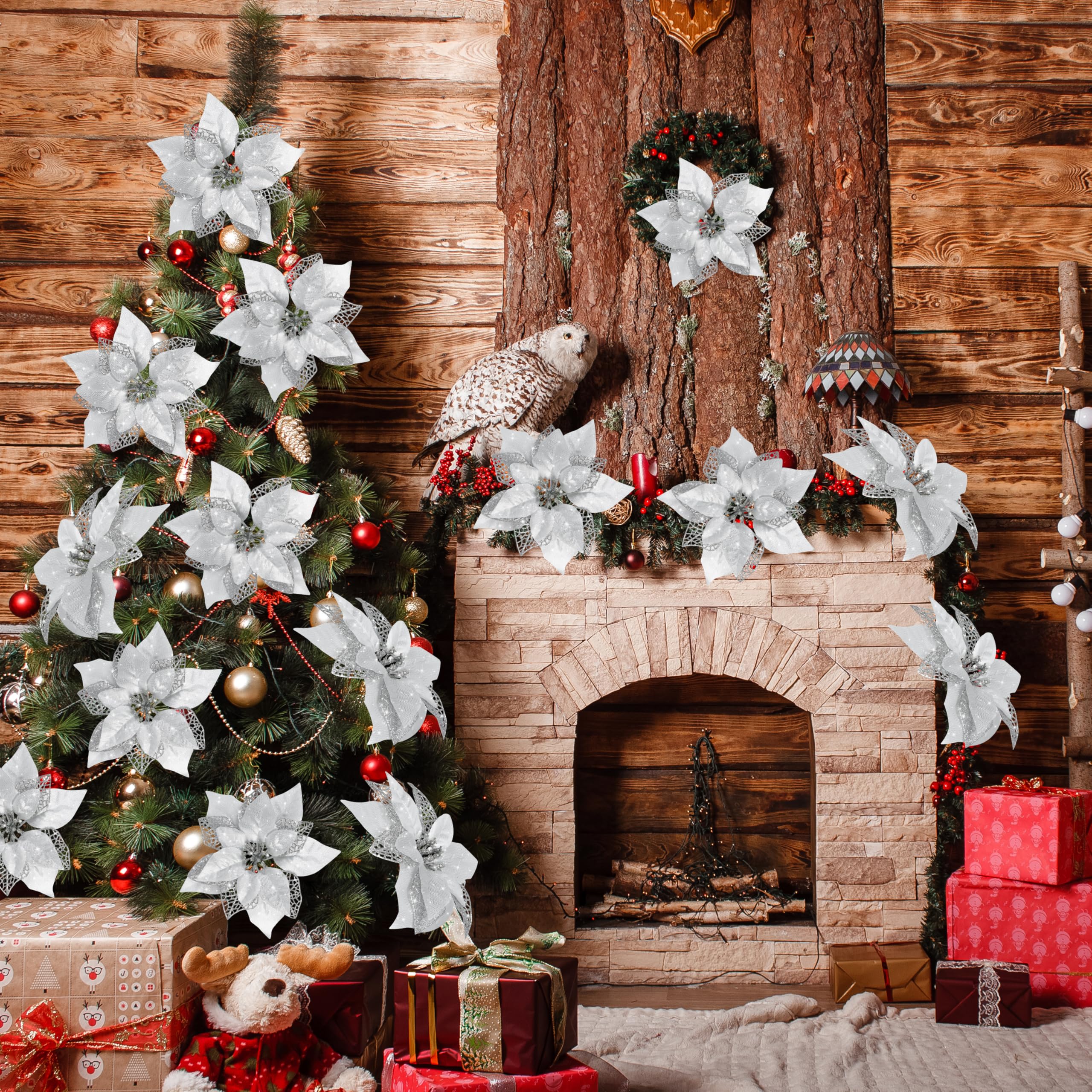 Lot de 10 décorations de Noël, fleurs artificielles scintillantes avec clips, décorations pour sapin de Noël, pendentifs de fleurs artificielles - 2