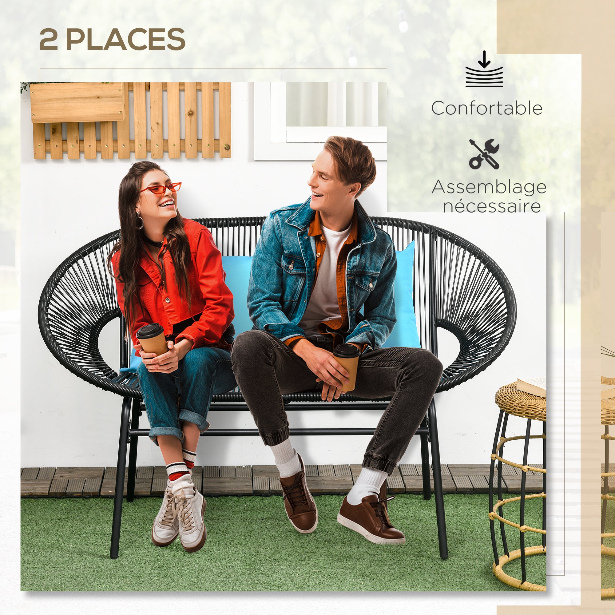 Banc de jardin 2 places design Acapulco 2 coussins métal résine filaire - 4