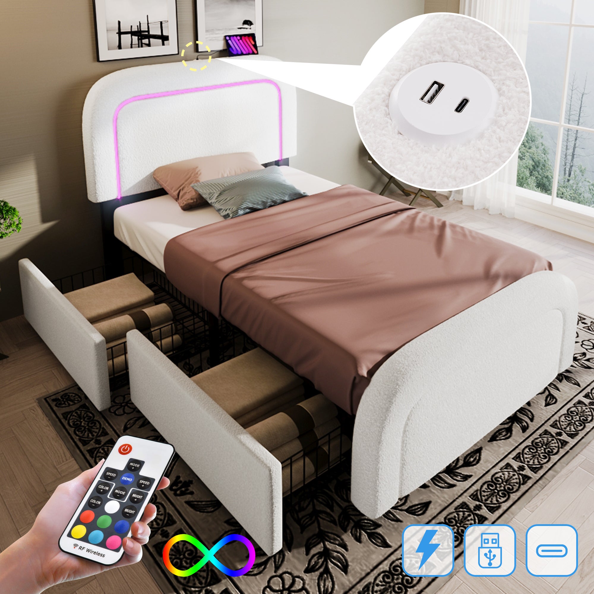 Letto contenitore 90 x 200 cm con testiera - Tessuto in velluto - LED - Porte USB e Type-C - Beige (materasso incluso) | Leroy Merlin