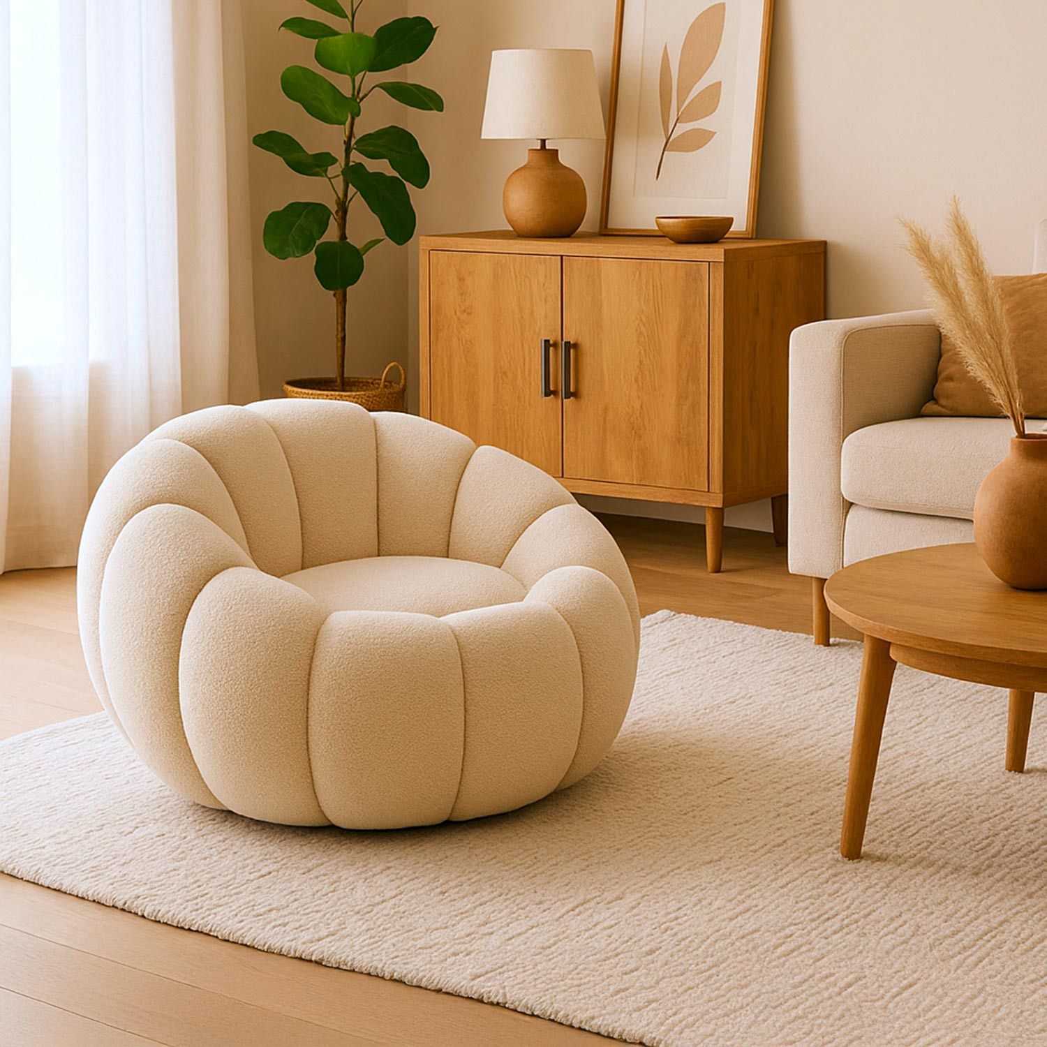 Fauteuil design coquillage Horizan Tissu bouclette Crème - 2