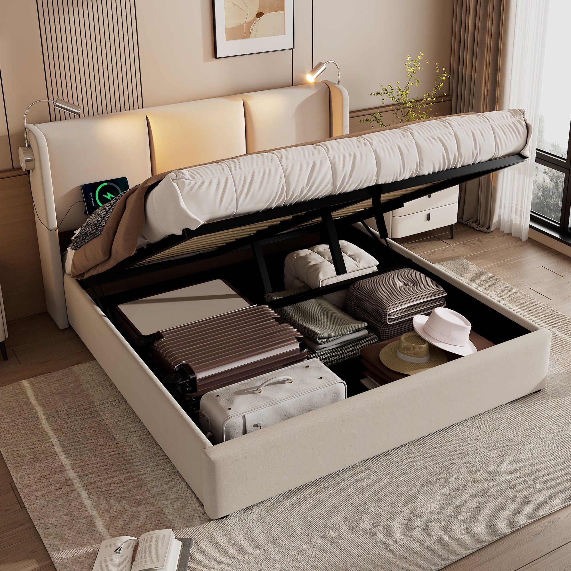 Stauraumbett 140x200 cm z lampą do czytania i USB, materiał lenowy, beżowy - lattenrost, hydraulika