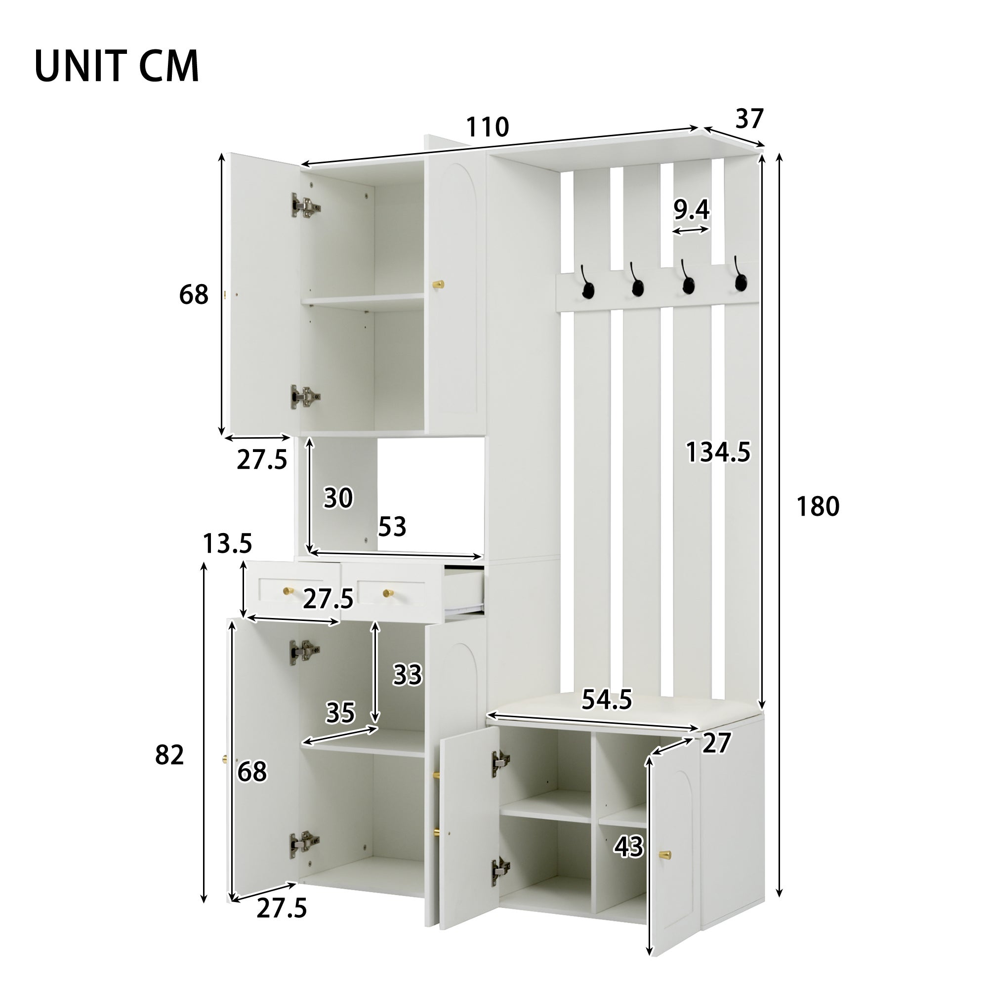 Vestiaire d'entree&nbsp;110×37×180 cm, ensemble d'armoire avec banc à chaussures, 4 crochets, 6 portes et 2 tiroirs, blanc - 3