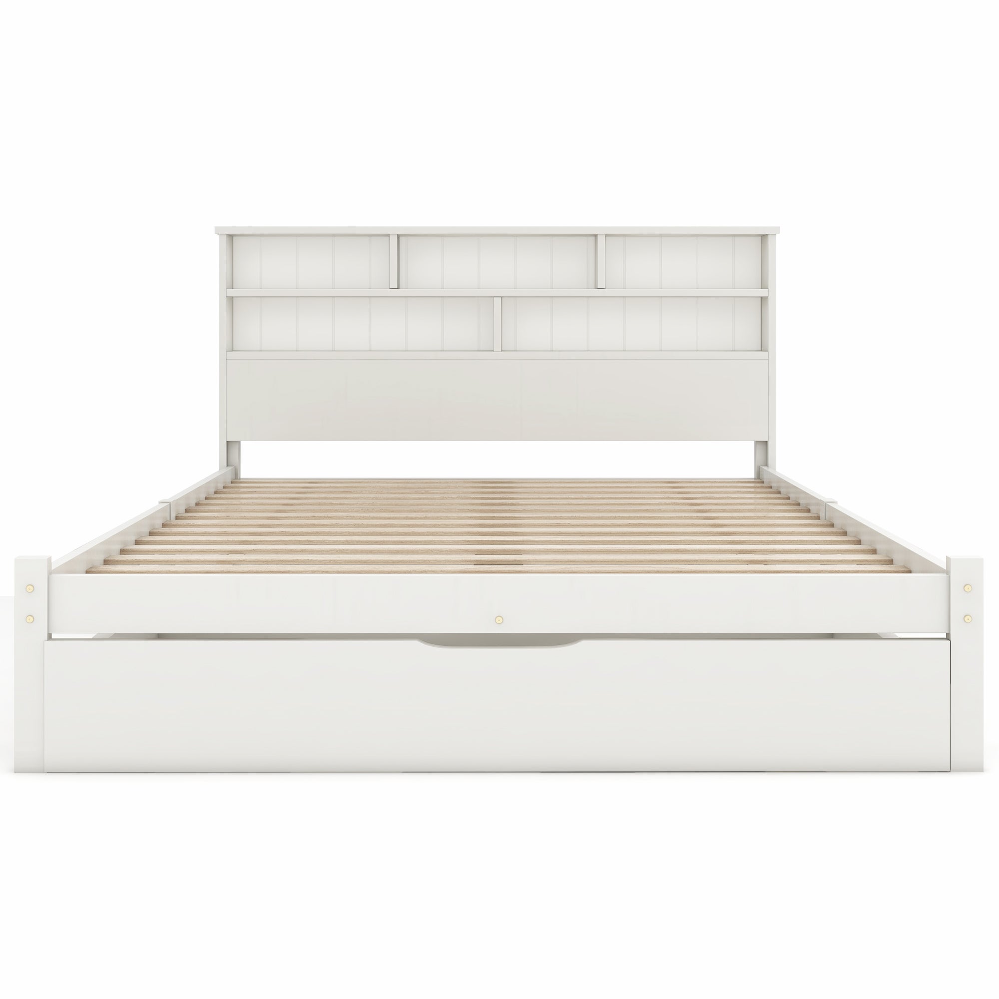 Lit Adulte Double 140x200 cm - Tiroir - Compartiments de Rangement - Sommier à Lattes - Blanc (Sans Matelas) - 4