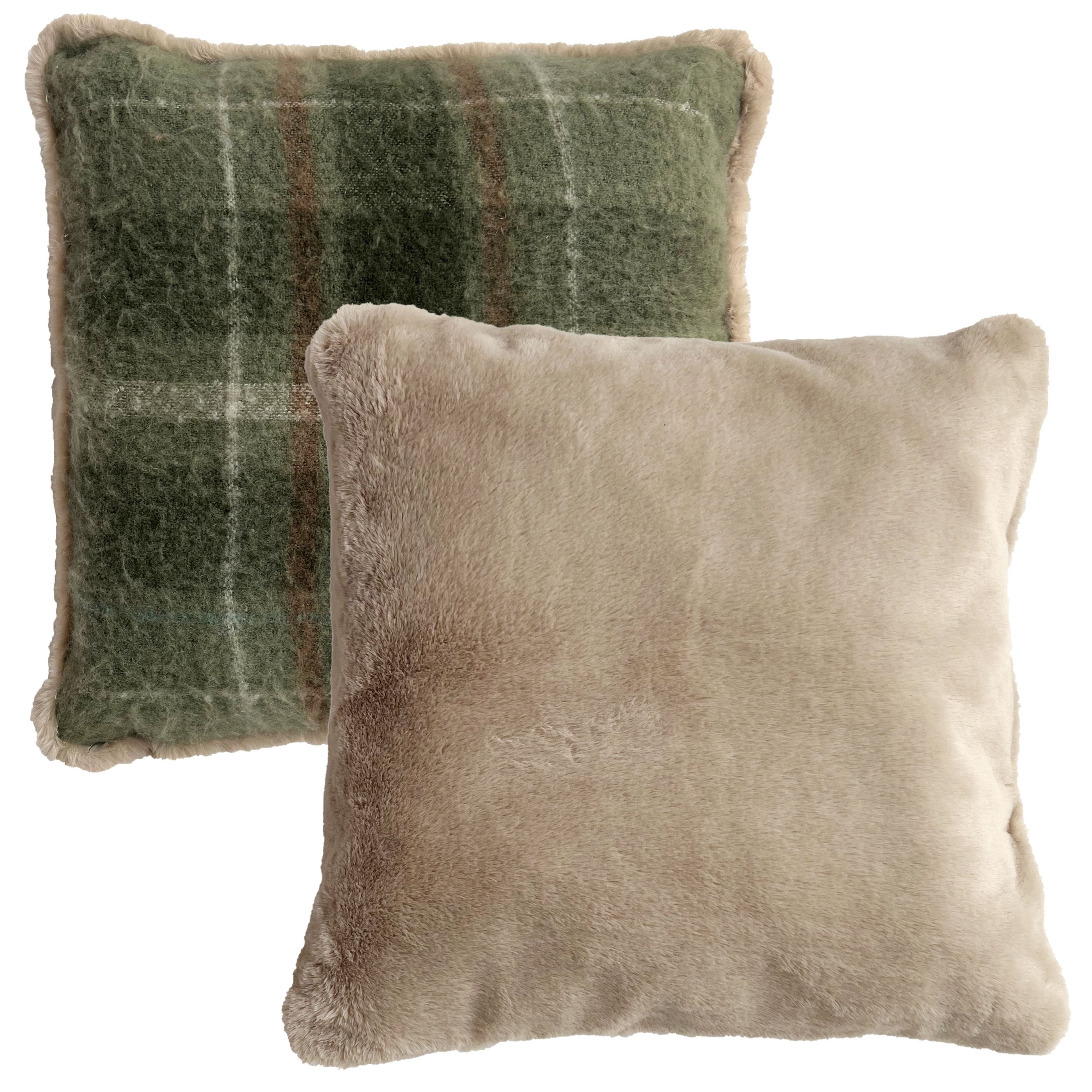 Funda De Cojín Tartán Tejida A Mano 45x45 Cm (18") | Cuadros Marrón, Verde Y Crema | 100% Algodón Con Cremallera