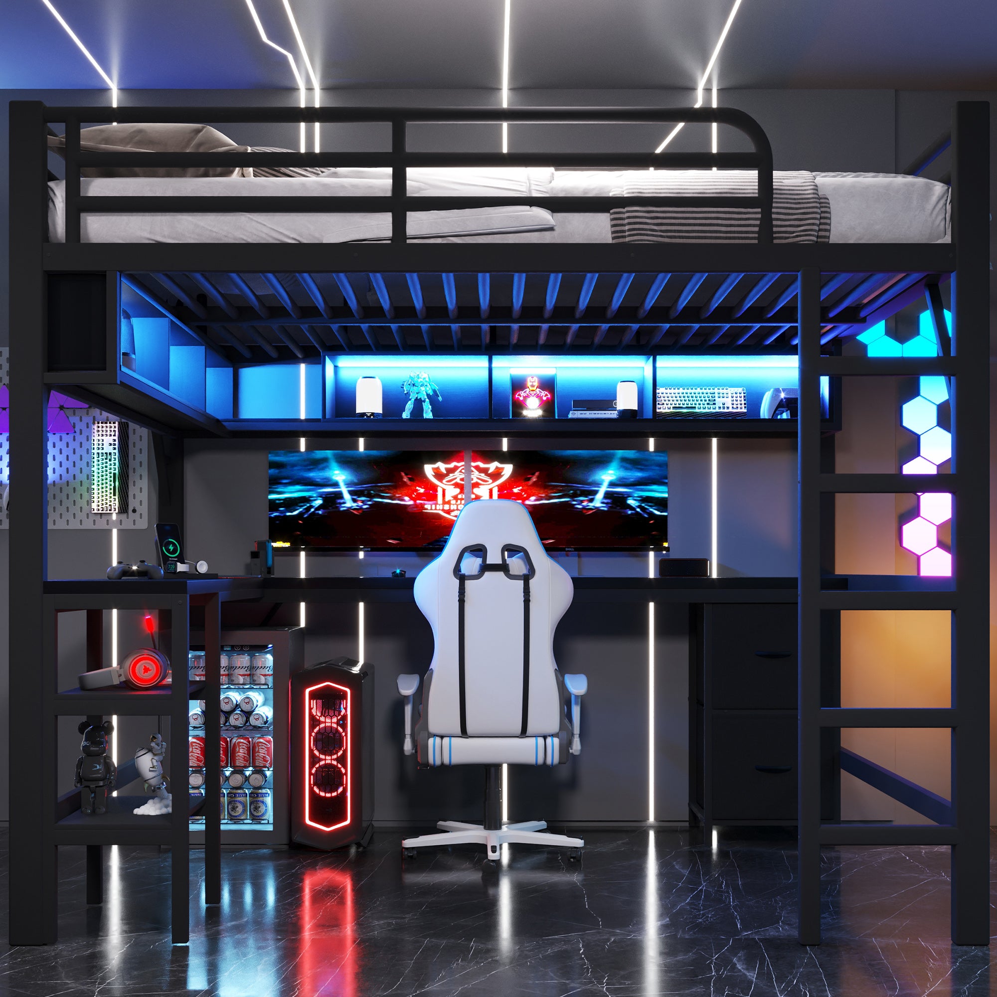 Metalowe łóżko piętrowe 140x200 cm - Z biurkiem i szafą - Z szufladami - Z portem USB i oświetleniem LED - Czarne (materac nie jest w zestawie) - 3