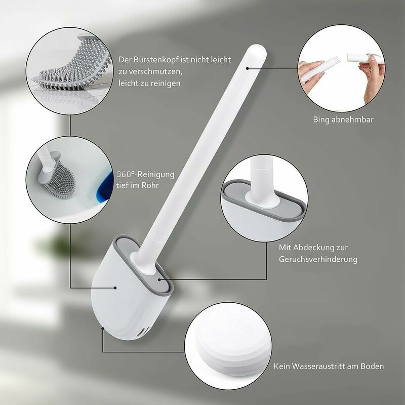 Scopino per WC in silicone a manico lungo, senza ciechi, per la pulizia del bagno, set di spazzole e supporto (2# nero