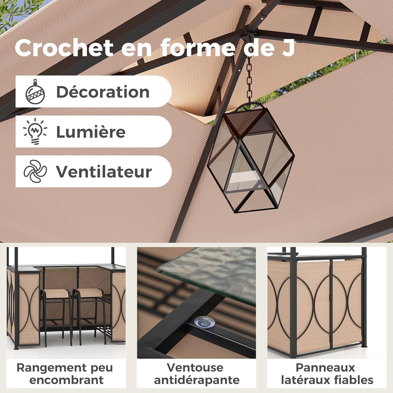 Set Bar da Patio a 3 Pezzi, Gazebo per Griglia e 2 Sgabelli da Bar con Tavolo in Vetro Temperato, Ripiani in Metallo, Portabicchieri, per Giar - 3