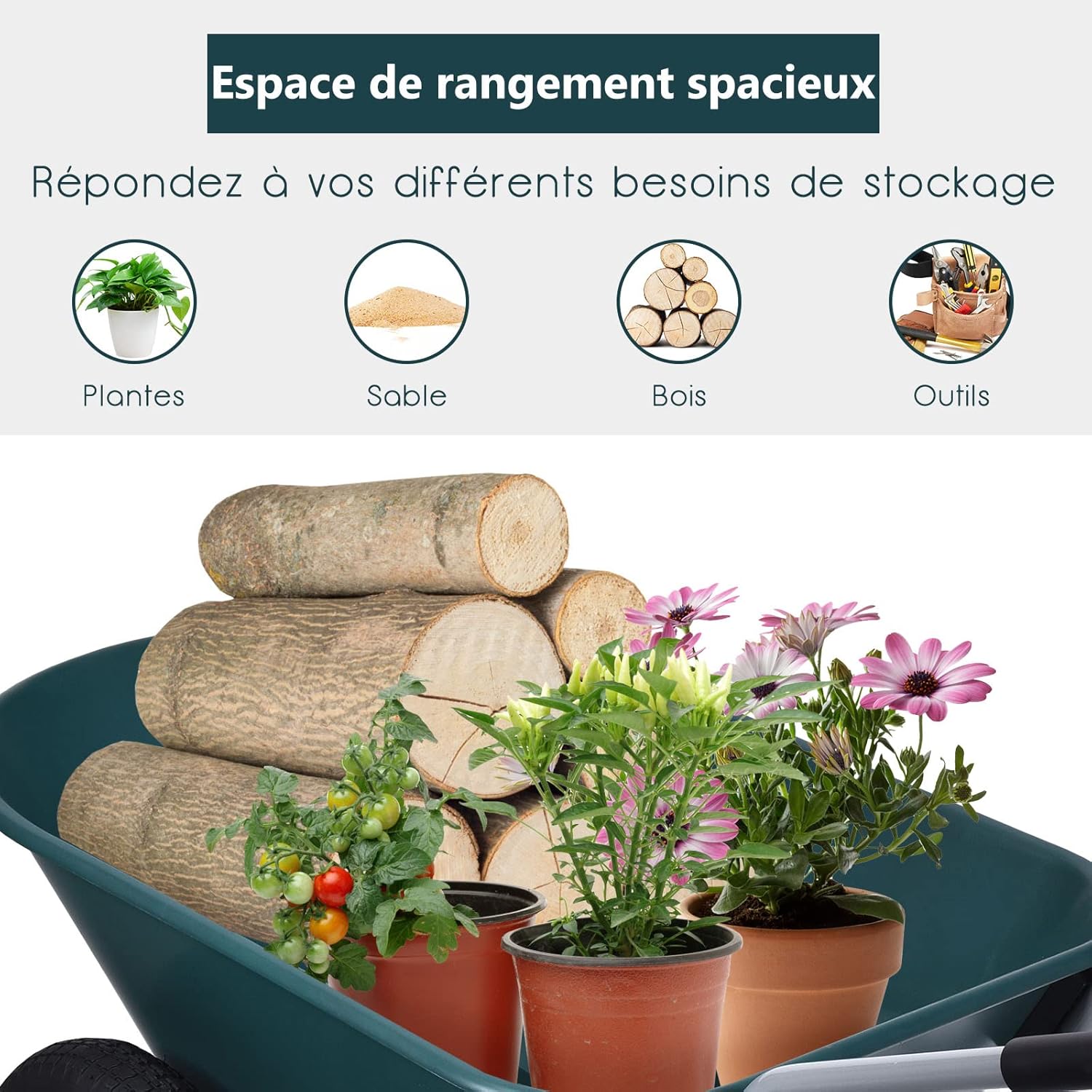 Brouette de Jardin 2 Roues Pneus Pneumatiques Ø35cm 75L Charge Max 100KG Résistante en Fer pour Jardinage/Maçonnerie Vert - 3