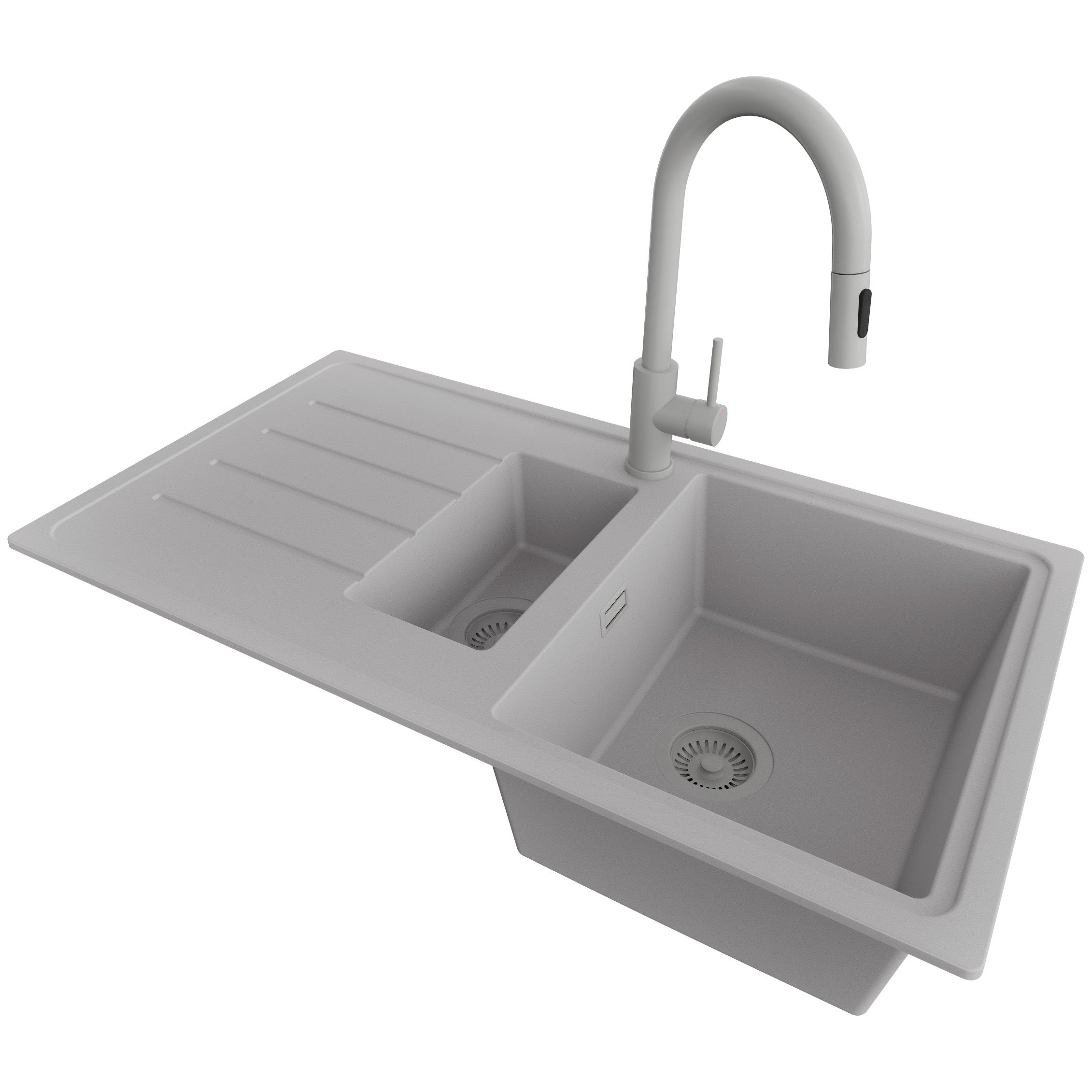 Zlewozmywak Granitowy Szary 90x50cm, Zlew Kuchenny 1,5 Komorowy + Bateria 40x20cm + Syfon, Nablatowy do szafki od 60cm - Kopenhaga Duo PRIMAGRAN