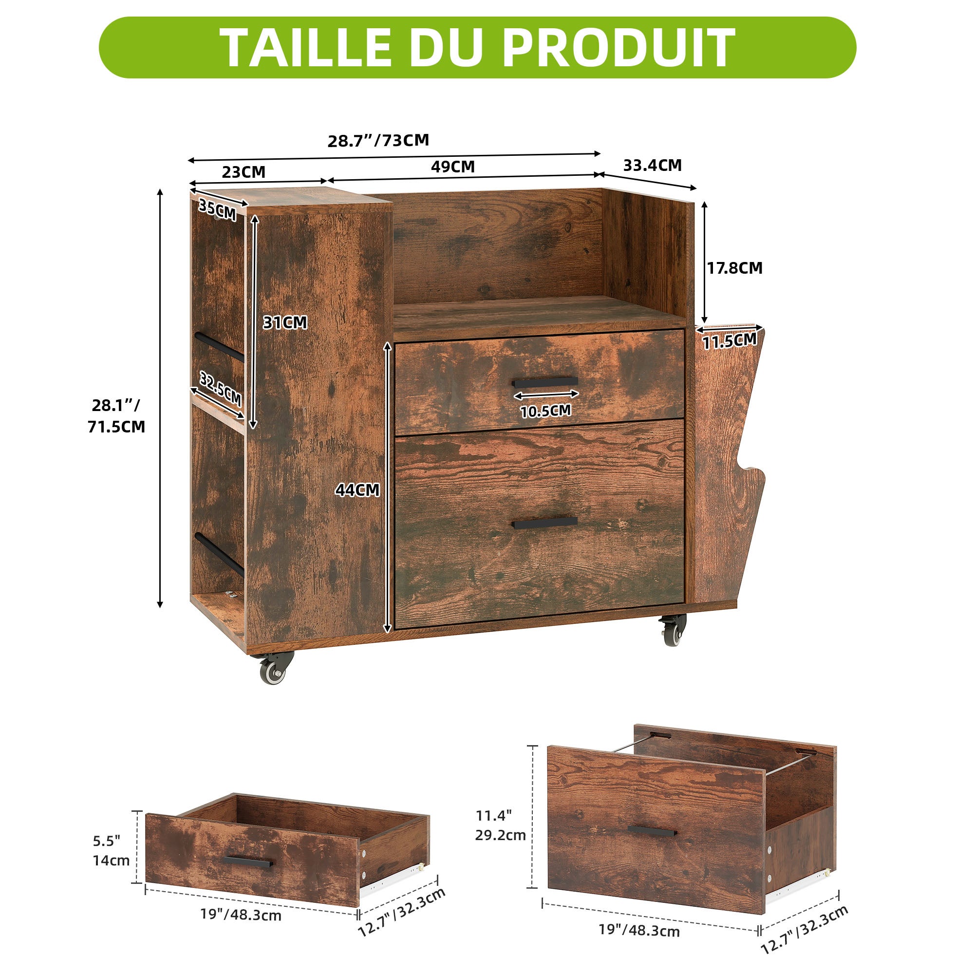 Classeur à roulettes Balconera pour documents A4/Lettre, 81 cm (L) x 35 cm (P) x 71 cm (H), noir - 2