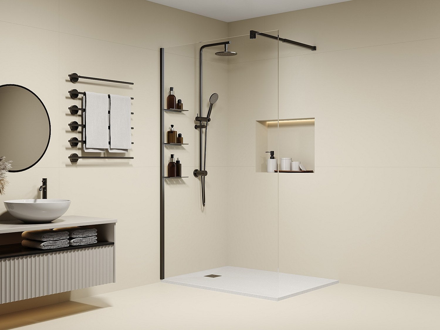 Ścianka prysznicowa do kabiny walk-in z półkami - Czarny mat - Szkło 6 mm - 120 x 200 cm - DAREN