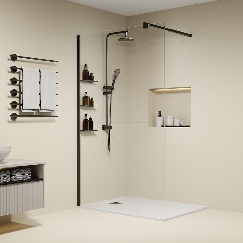 Ścianka prysznicowa do kabiny walk-in z półkami - Czarny mat - Szkło 6 mm - 120 x 200 cm - DAREN