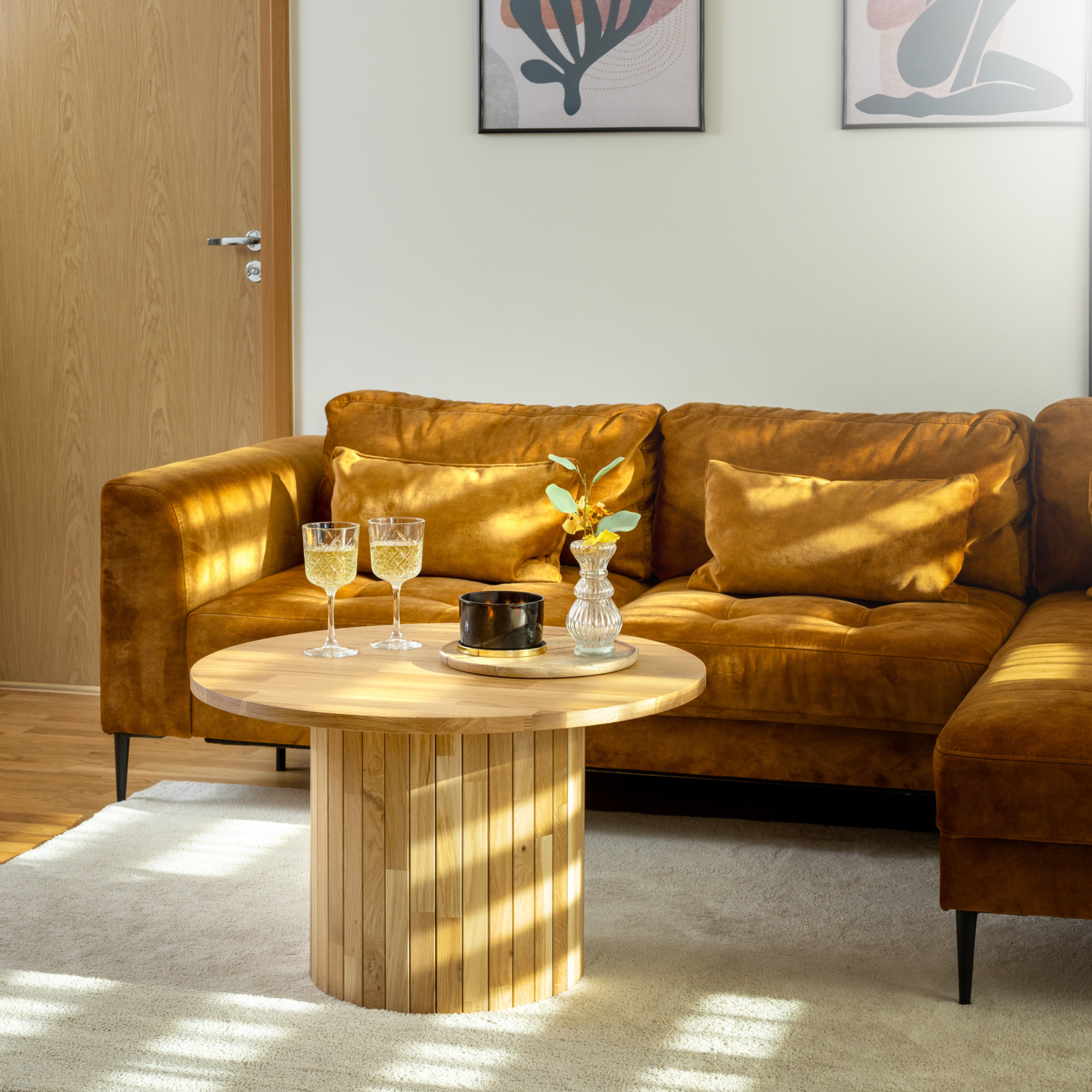 Golddoor Table Basse Bornéo, Design à Lattes, Diamètre 90 Cm, Hauteur 46 Cm Lattes, Table Basse Ronde, Moderne, Table D'appoint, Table