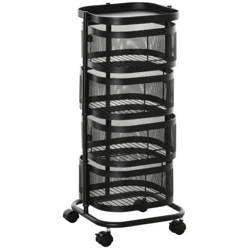 Carrito de servicio giratorio de 4 niveles con ruedas, cesta metálica, bandeja superior, 33 x 33 x 77 cm, negro.