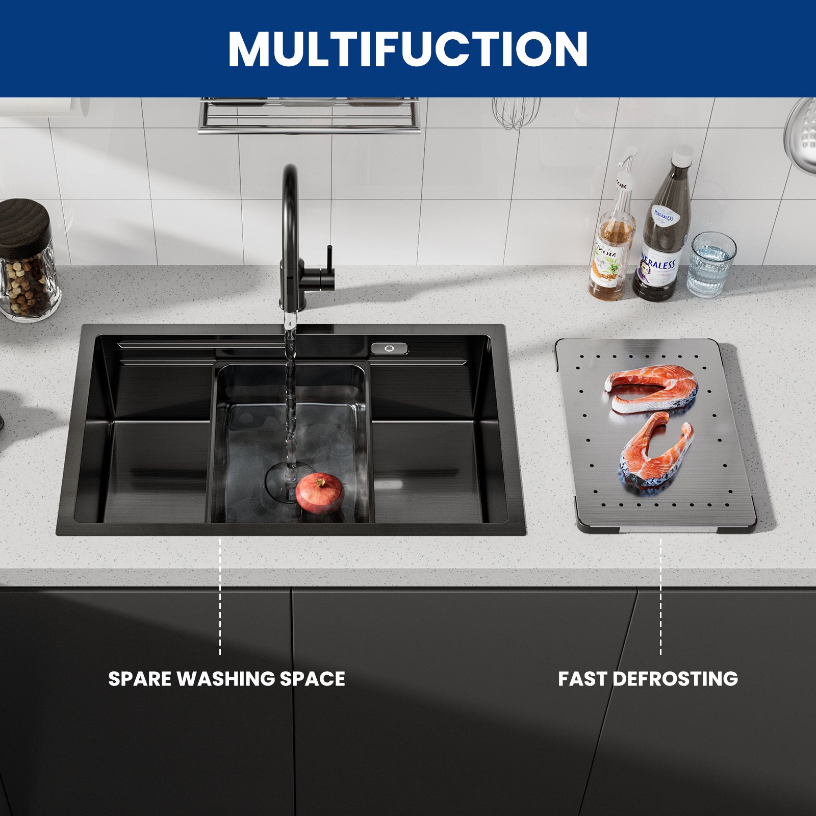 Cecipa max Évier Cuisine 1 Bac 70×44×21CM Évier à Encastrer Noir avec Egouttoir et Vasque,EU Modèle - 2