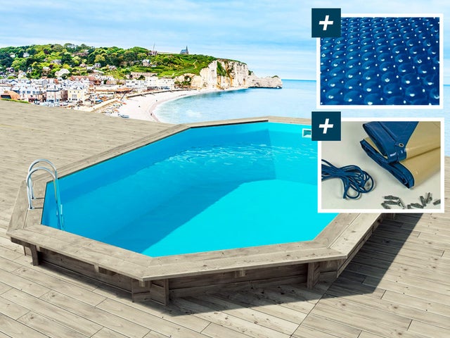 Piscine hors sol bois, Brazilia 130 5.86 x 3.86 x 1.31 m, Bâche à bulles 180 µ, Bâche hiver 280 g/m²