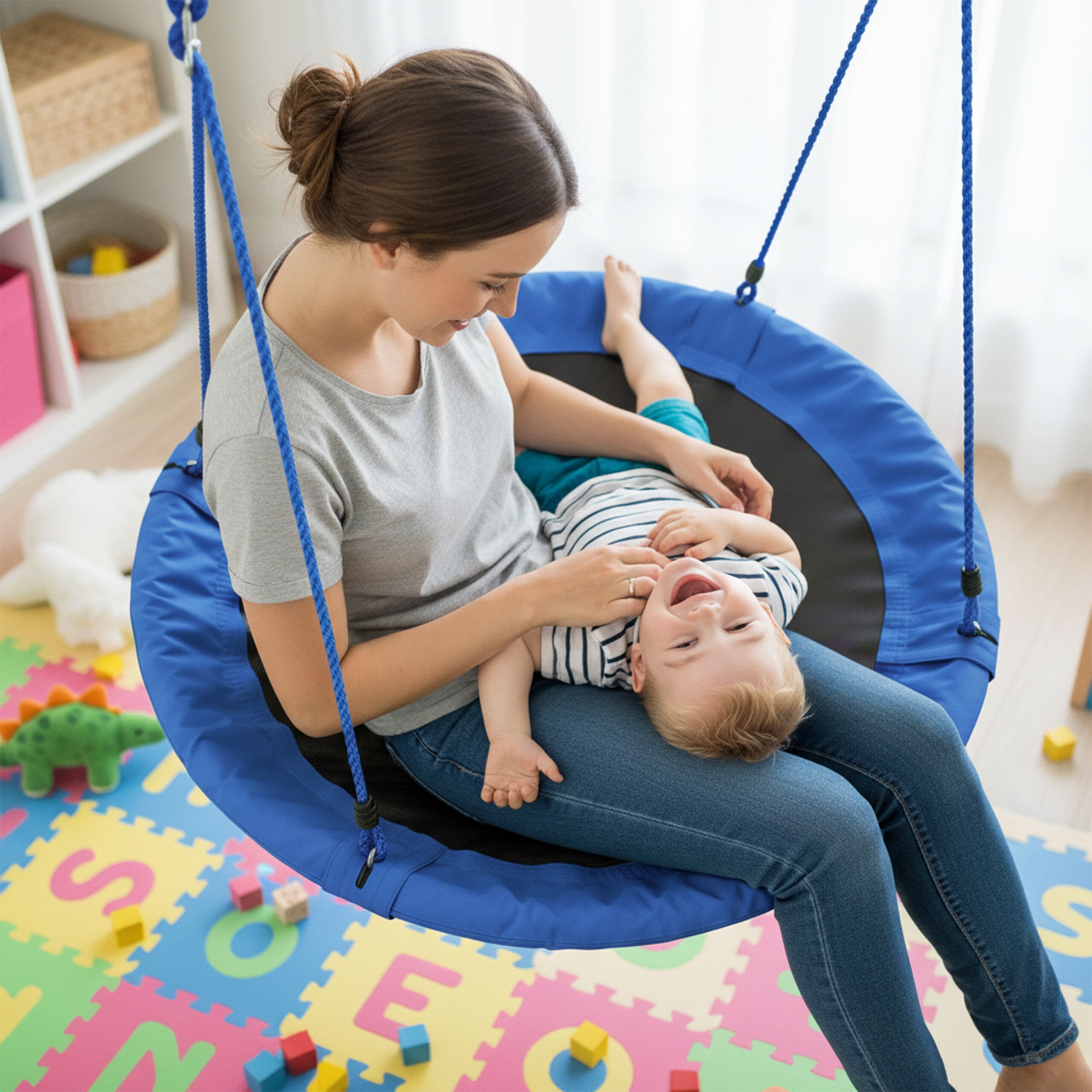 Balançoire nid d'oiseau rond 110 cm à suspendre enfant adulte jardin extérieur Ø 110 cm, 100 kg, bleu, Relaxdays - 3