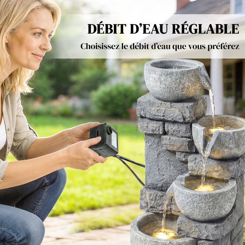 Fontaine de Jardin Cascade 4 Niveaux Effet Pierre et Brique avec LED 28 x 25 x 54,5 cm Gris - 8