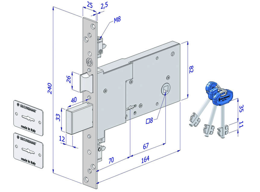 SERRURE À MORTIER EN MÉTAL 52771 MOTTURA DM M4 TRIPL+SCR IP.MM 28 E.MM