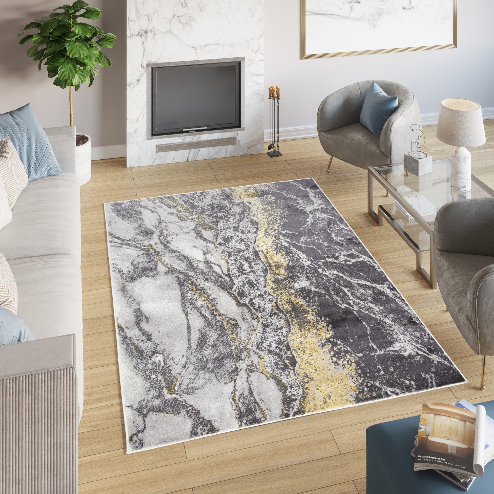Tapiso shine alfombra para salón dormitorio juvenil moderno grafito oro gris abstracto suave 250 x 350 cm