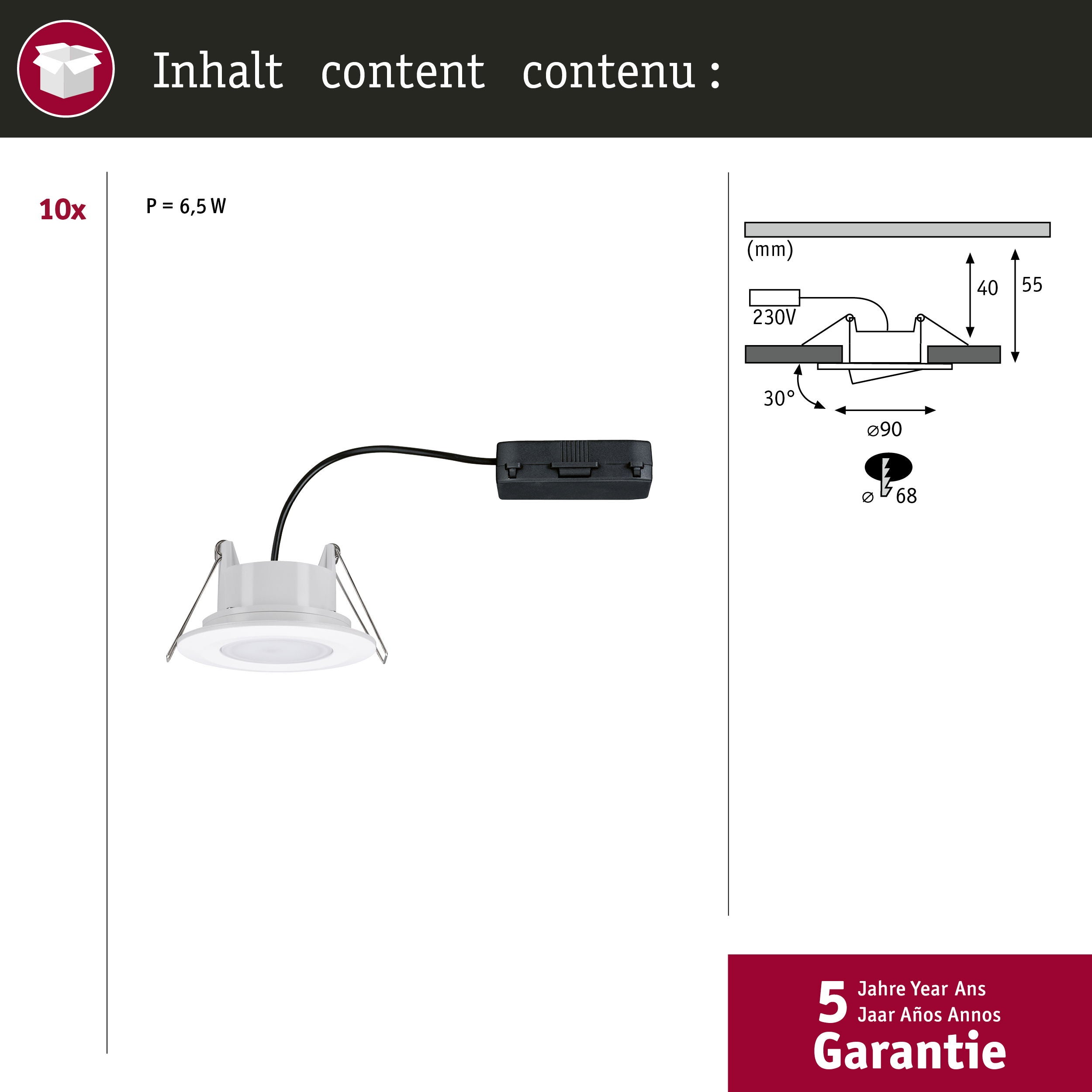 Spot encastré LED Calla Kit de base orientable IP65 rond 90mm 30° 10x5,2W 10x460lm 230V gradable 4000K Blanc dépoli - 4