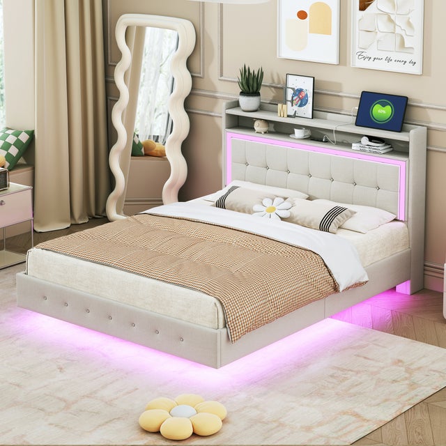 Letto imbottito 140 x 200 cm con testiera - presa USB + led - tessuto lino - beige