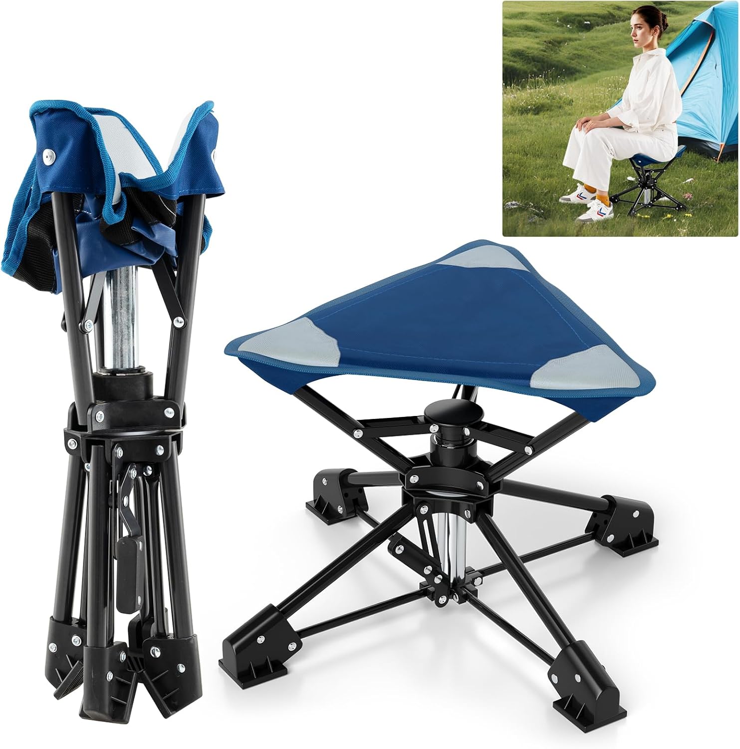 Składany taboret Kempingowy Obracany o 360°, Składane Krzesło Ogrodowe z Siedziskiem Oxford i Metalową Ramą, Torba Transportowa, Trójnożny (Niebieski)