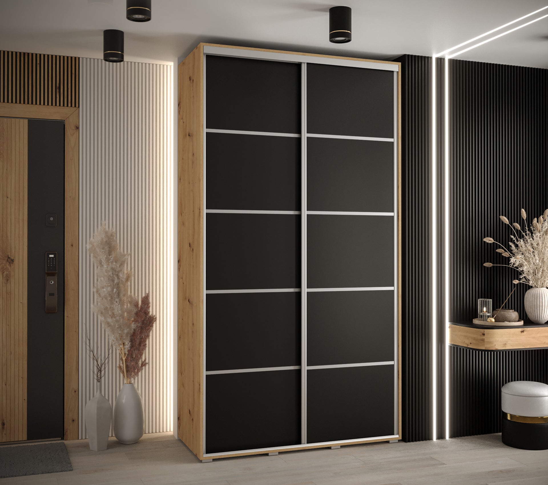 Szafa przesuwna wysoka Davos 4 140 x 45 x 235,2 cm artisan + czarmy + u. srebrny - Abiks Meble - 2