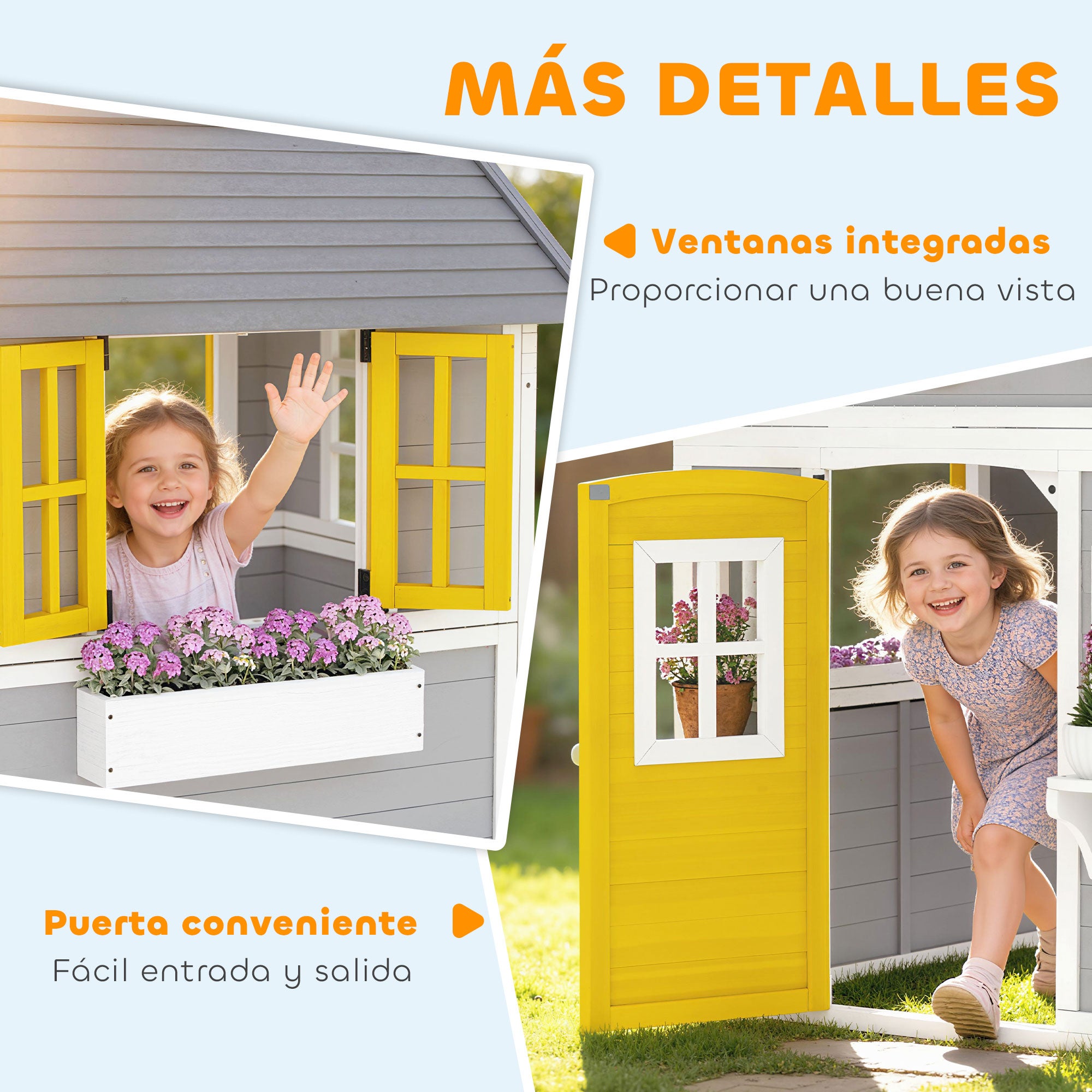Casa de Madeira Infantil Outsunny Madeira de Abeto Cinzento 112x126x135 cm - 7