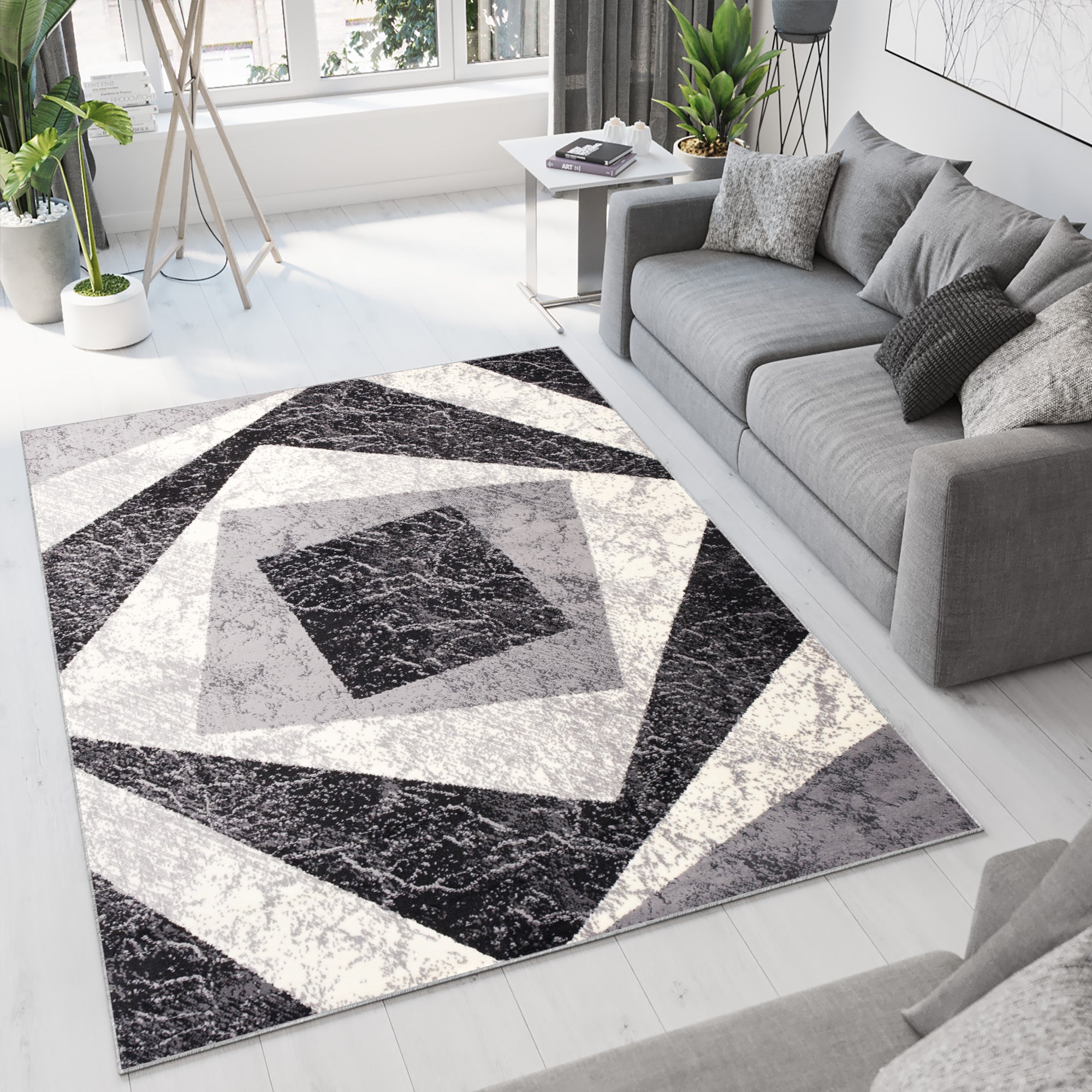 Tapiso dream alfombra salón dormitorio negro gris crema geométrico azulejos fina 150 x 300 cm